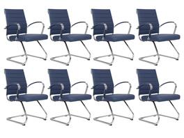 LeisureMod - Set of 8 Benmar Modern Leather Office Desk Chair with Chrome Frame, Sled Base, and Padded Armrests - Navy Blue