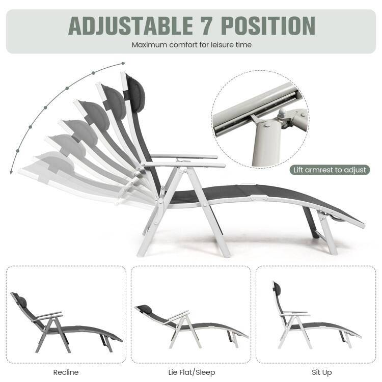 ADJUSTABLE 7 POSITION  
Maximum comfort for leisure time  

Lift armrest to adjust  

Recline  
Lie Flat/Sleep  
Sit Up