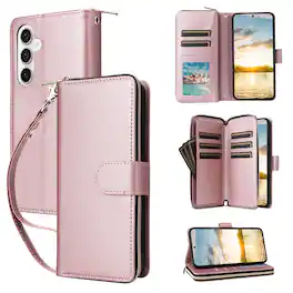 Dteck - Crossbody Wallet Case for Samsung Galaxy S25 FE, Shockproof Zipper Pocket PU Leather Folio Cover with 9 Card Slots - Rosegold