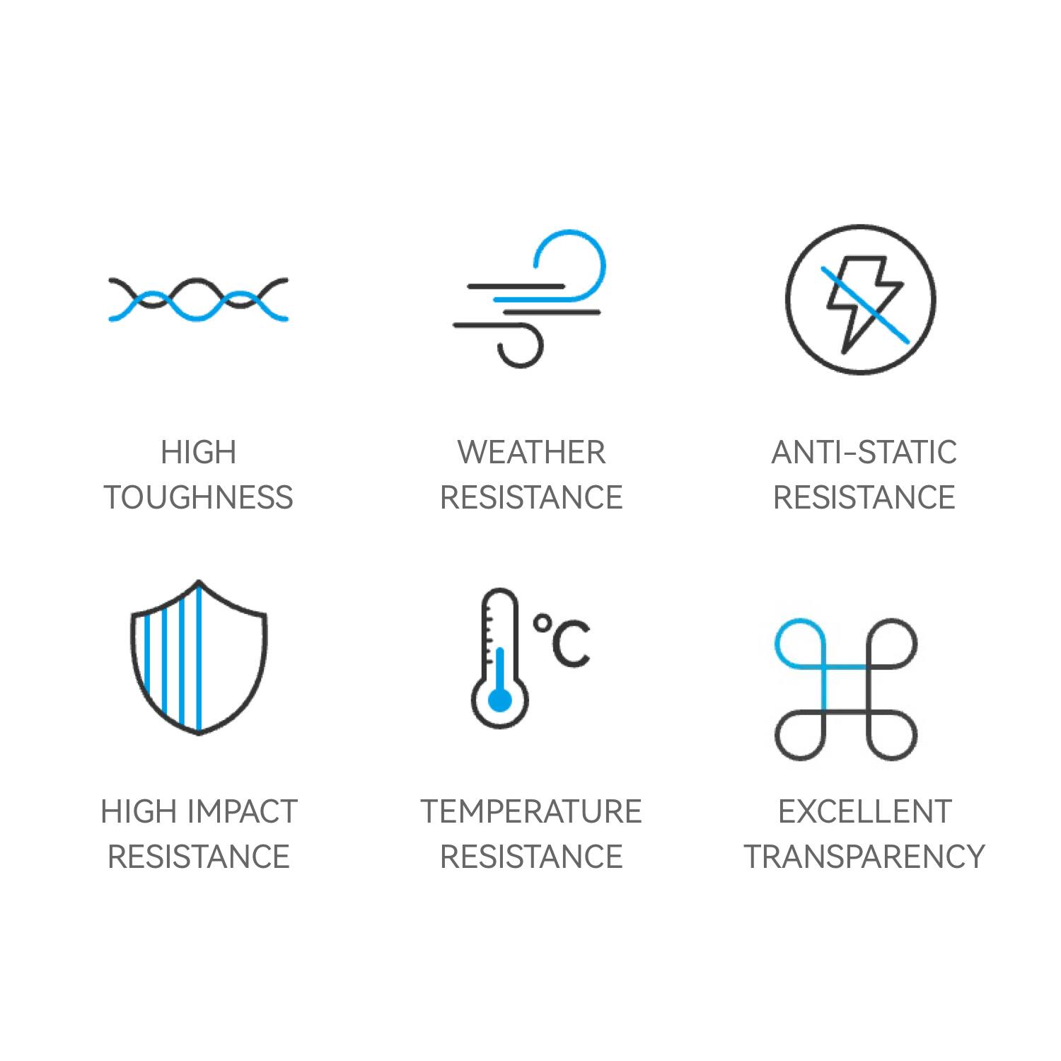 HIGH TOUGHNESS  
WEATHER RESISTANCE  
ANTI-STATIC RESISTANCE  
HIGH IMPACT RESISTANCE  
TEMPERATURE RESISTANCE  
EXCELLENT TRANSPARENCY