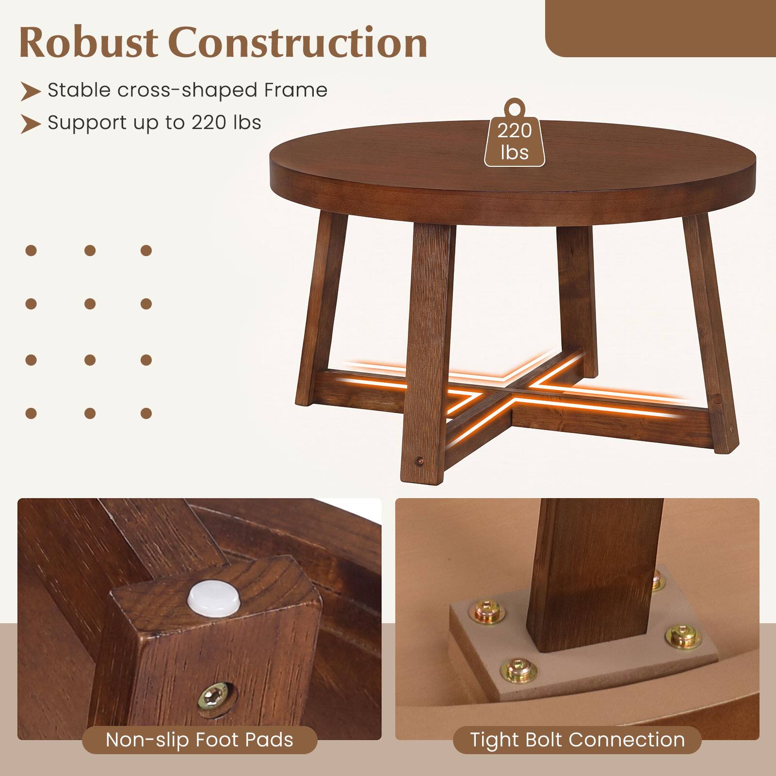 Robust Construction  
Stable cross-shaped Frame  
Support up to 220 lbs  

Non-slip Foot Pads  

Tight Bolt Connection