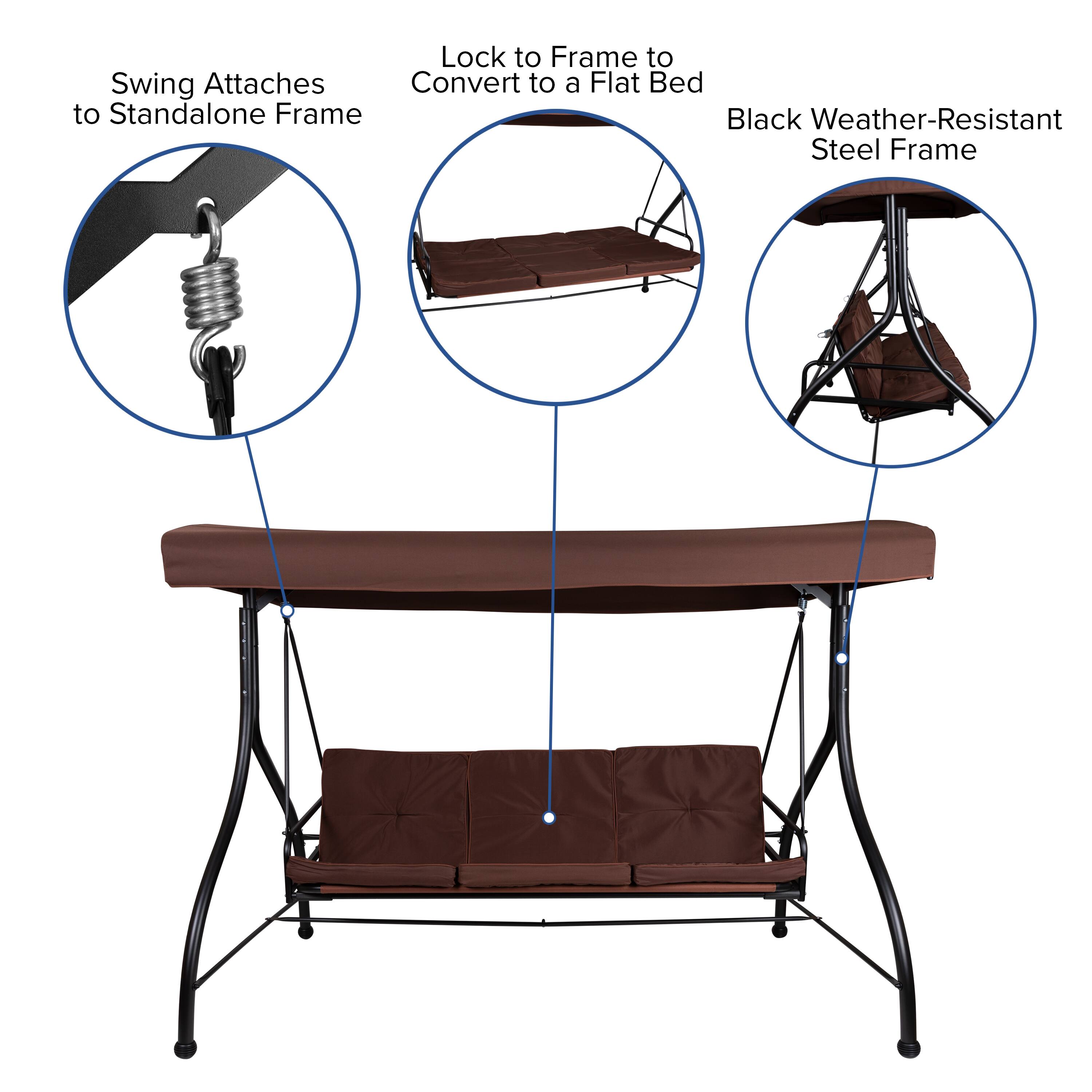 - Swing Attaches to Standalone Frame
- Lock to Frame to Convert to a Flat Bed
- Black Weather-Resistant Steel Frame