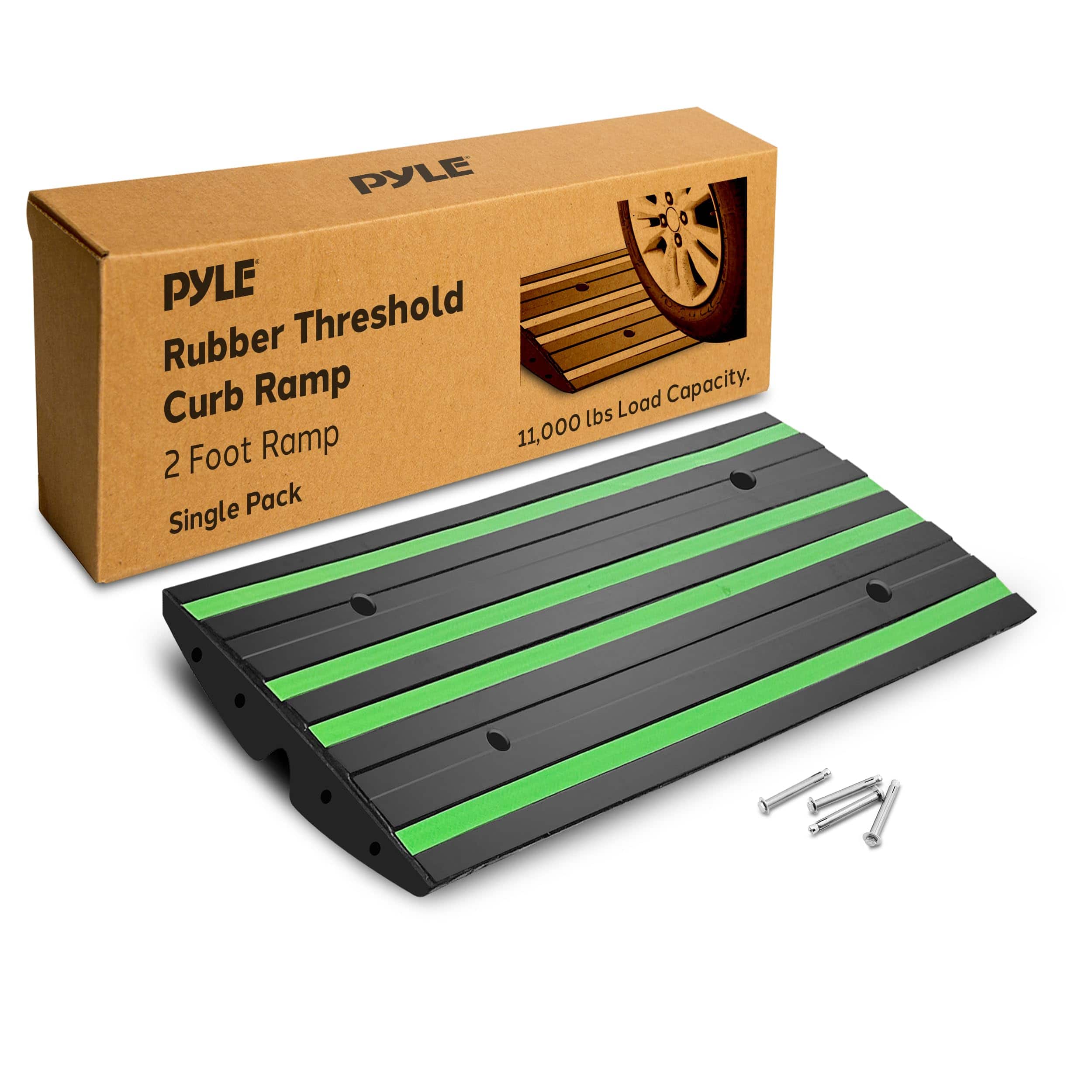 Pyle - 2ft Rubber Threshold Ramp – Non-Slip Ramp for Driveways, Vehicles, Wheelchairs with Green Reflective Strip