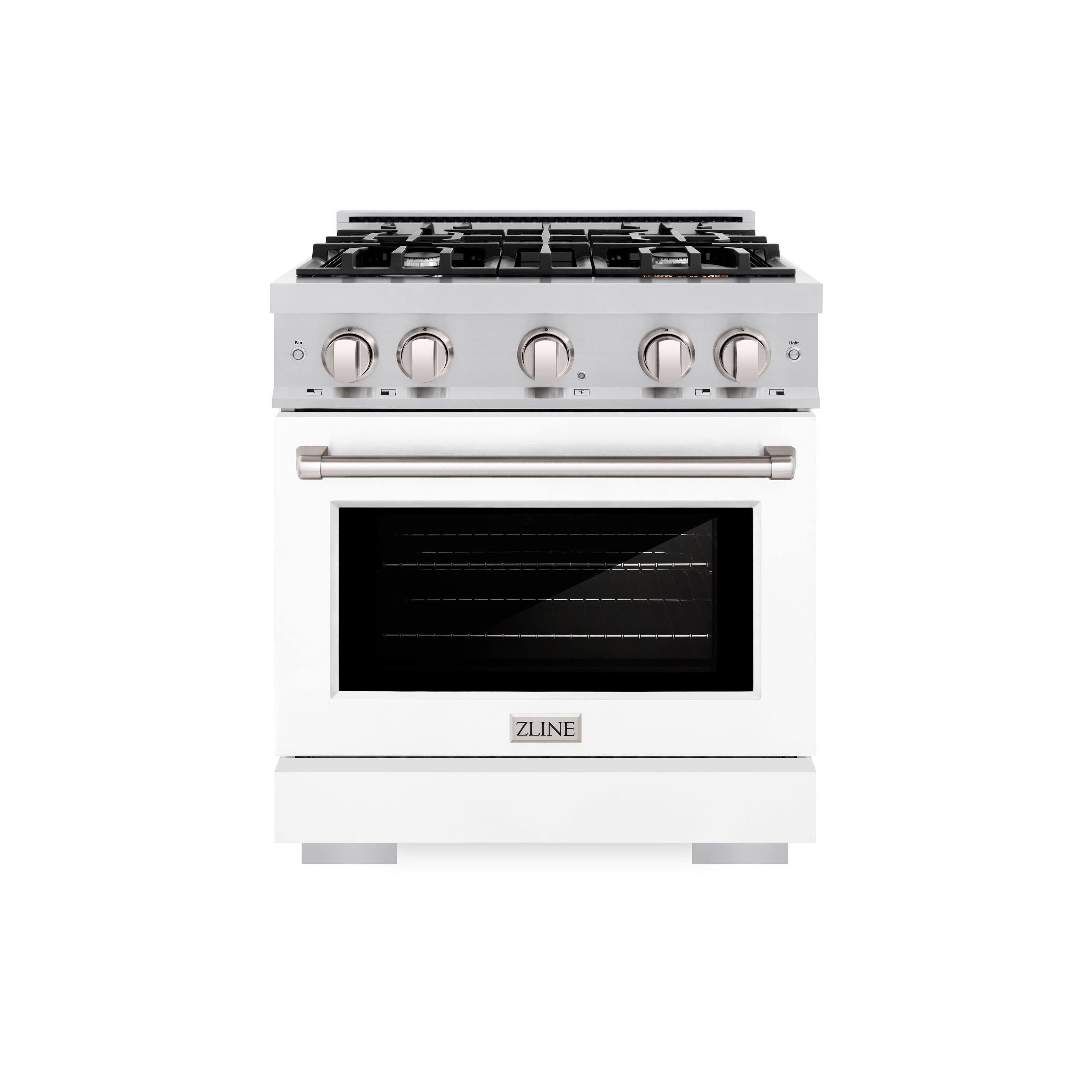 Left. ZLINE - ZLINE 30 in. 4.2 cu. ft. Freestanding Select Gas Range w/ 4 Burner Cooktop & Convection Oven w/ White Matte Door - Stainless Steel.