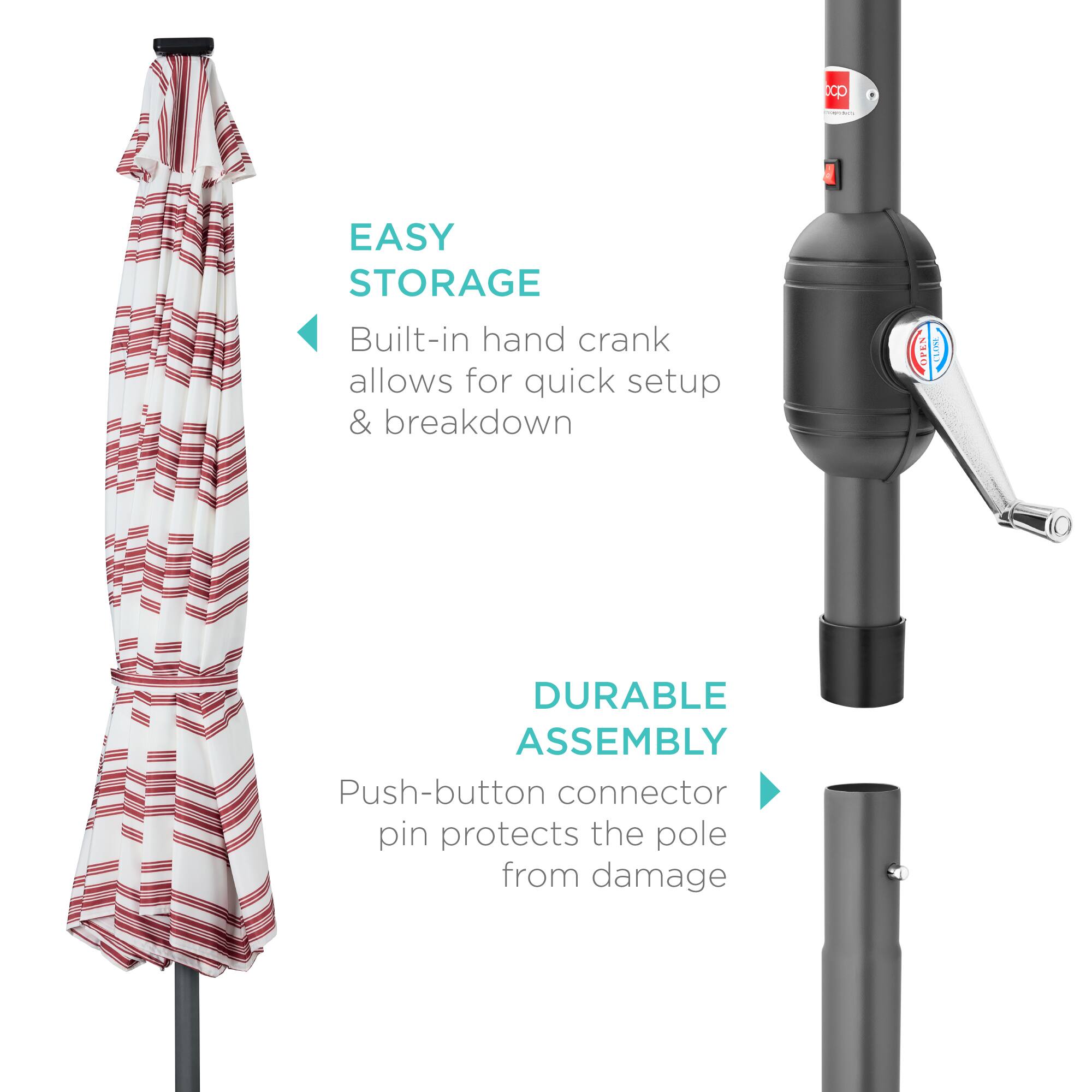 - **EASY STORAGE**: Built-in hand crank allows for quick setup & breakdown.
- **DURABLE ASSEMBLY**: Push-button connector pin protects the pole from damage.