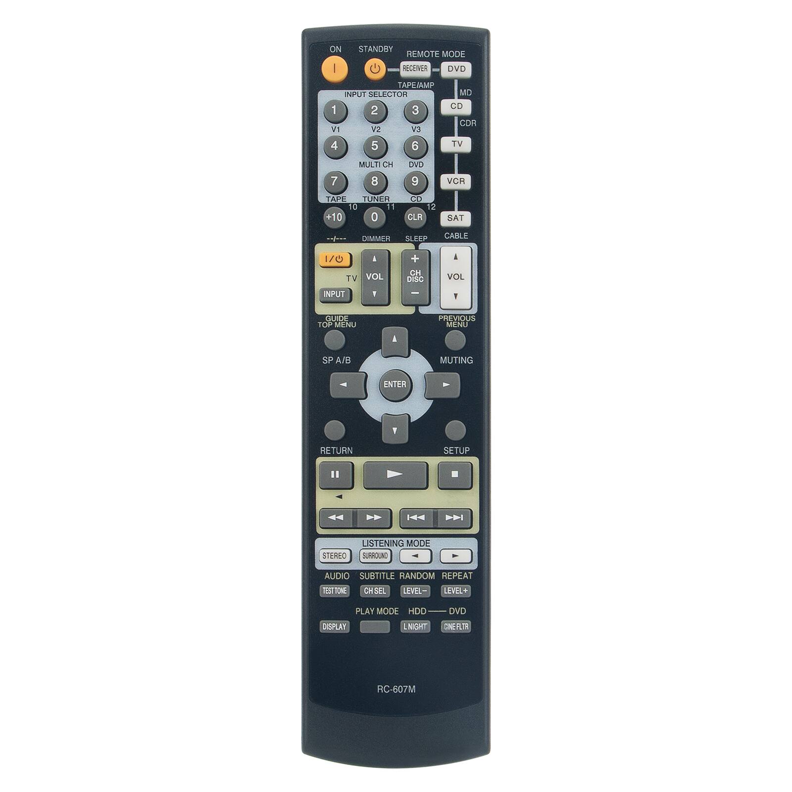 ON | STANDBY REMOTE MODE RECEIVER = DVD  
TAPE/AMP INPUT SELECTOR 1 2 3 V1 V2 V3 4 5 6  
MD CD CDR TV  
7 MULTI CH 8 DVD 9 VCR  
TAPE TUNER 10 11 +10 0  
CD 12 CLR SAT  
DIMMER SLEEP CABLE  
1/0 TV VOL + CH DISC A VOL INPUT  
GUIDE TOP MENU PREVIOUS MENU SP A/B MUTING ENTER RETURN SETUP  
LISTENING MODE STEREO SURROUND  
AUDIO SUBTITLE RANDOM REPEAT  
TESTIONE CH-SEI LEVEL- LEVEL+  
PLAY MODE HDD DVD DISPLAY  
LNIGHT CINEFLTR  
RC-607M