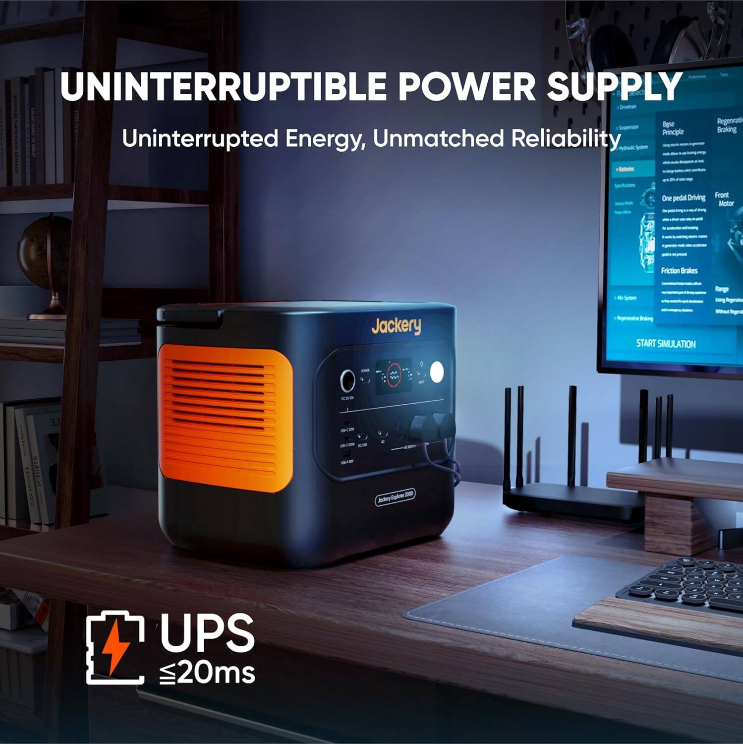 UNINTERRUPTIBLE POWER SUPPLY  
Uninterrupted Energy, Unmatched Reliability

Front One pedal Driving Motor  
Friction Brakes  
Jackery  
Regenerative Braking  
START SIMULATION  
Range W Regeneration  
W  
LE  
KW  

Explore 2000 Jackery  
UPS 20ms