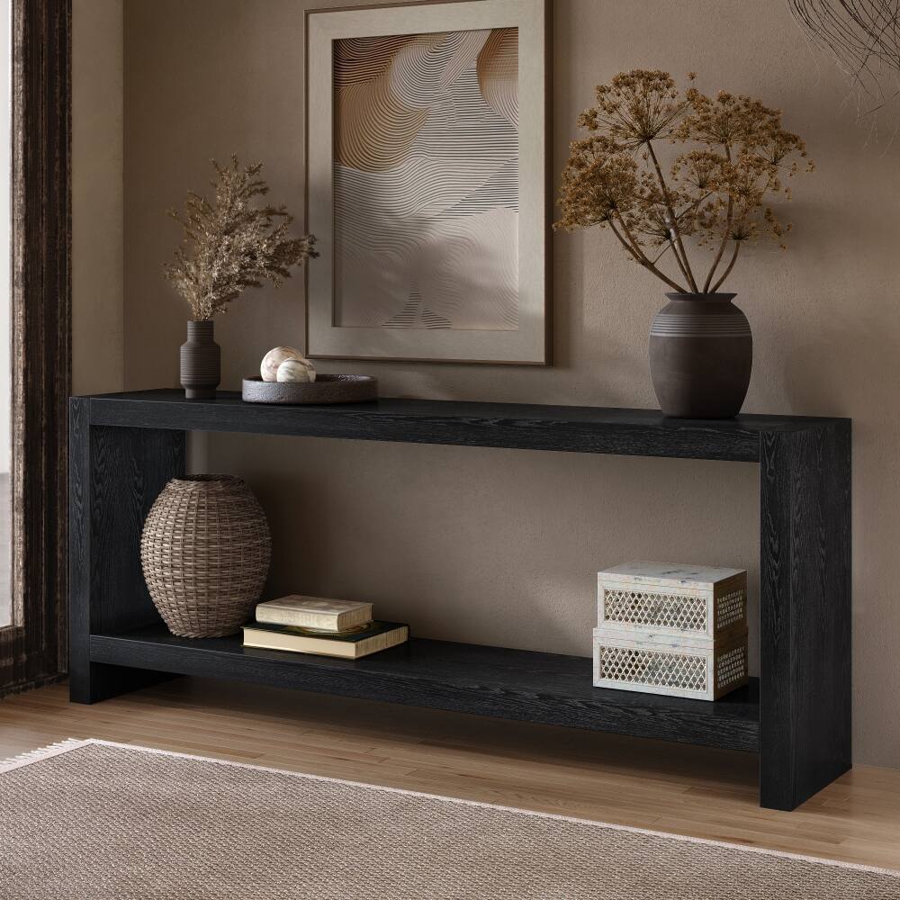 Angle. Loheer - Loheer 63 inch farmhouse console table, 2 tier rustic entryway table with wood veneer, black - Black.