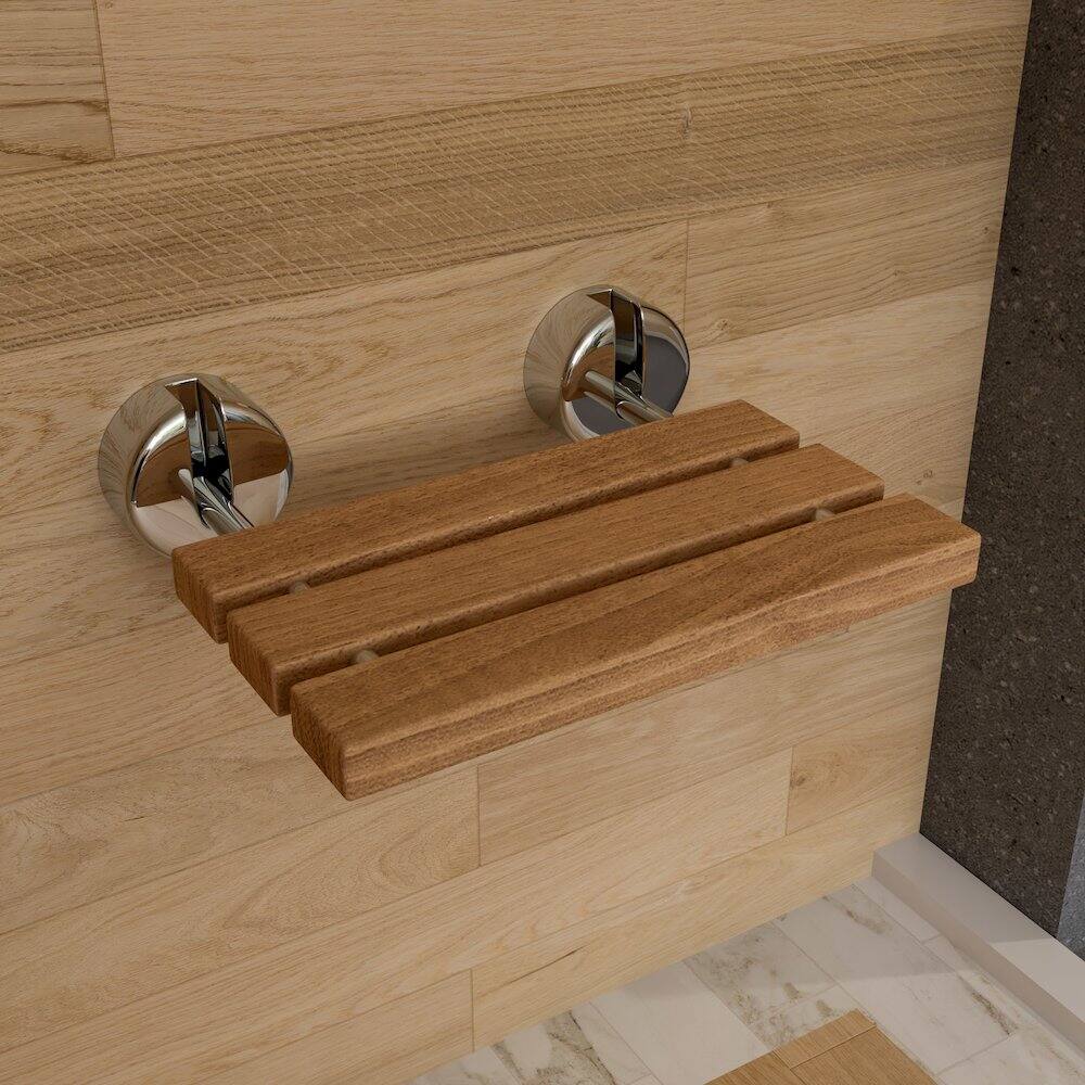 Angle. Alfi - Polished Chrome 16" Folding Teak Wood Shower Seat Bench - Brown.
