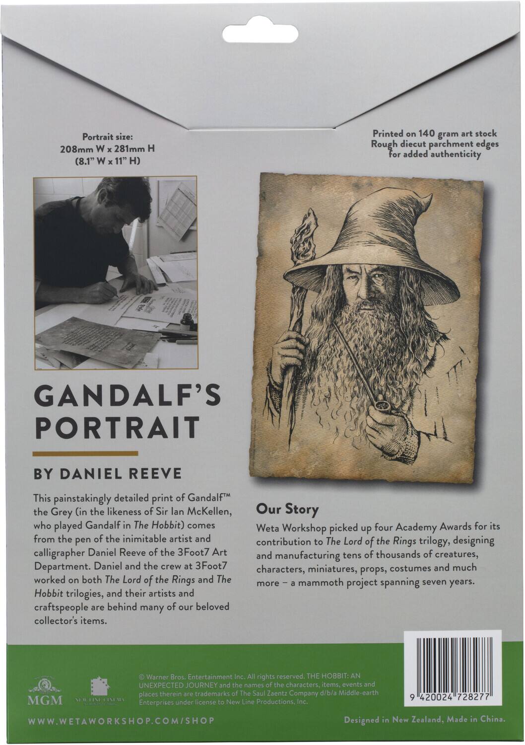 **Portrait size:**
208mm W x 281mm H (8.1" W x 11" H)

**Printed on 140 gram art stock**
Rough diecut parchment edges for added authenticity

**GANDALF'S PORTRAIT**
BY DANIEL REEVE

This painstakingly detailed print of Gandalf the Grey (in the likeness of Sir Ian McKellen, who played Gandalf in The Hobbit) comes from the pen of the inimitable artist and calligrapher Daniel Reeve of the 3Foot7 Art Department. Daniel and the crew at 3Foot7 worked on both The Lord of the Rings and The Hobbit trilogies, and their artists and craftspeople are behind many of our beloved collector's items.

**Our Story**

Weta Workshop picked up four Academy Awards for its contribution to The Lord of the Rings trilogy, designing and manufacturing tens of thousands of creatures, characters, miniatures, props, costumes and much more – a mammoth project spanning seven years.

© Warner Bros. Entertainment Inc. All rights reserved. THE HOBBIT: AN UNEXPECTED JOURNEY and the names of the characters, items, events and places therein are trademarks of The