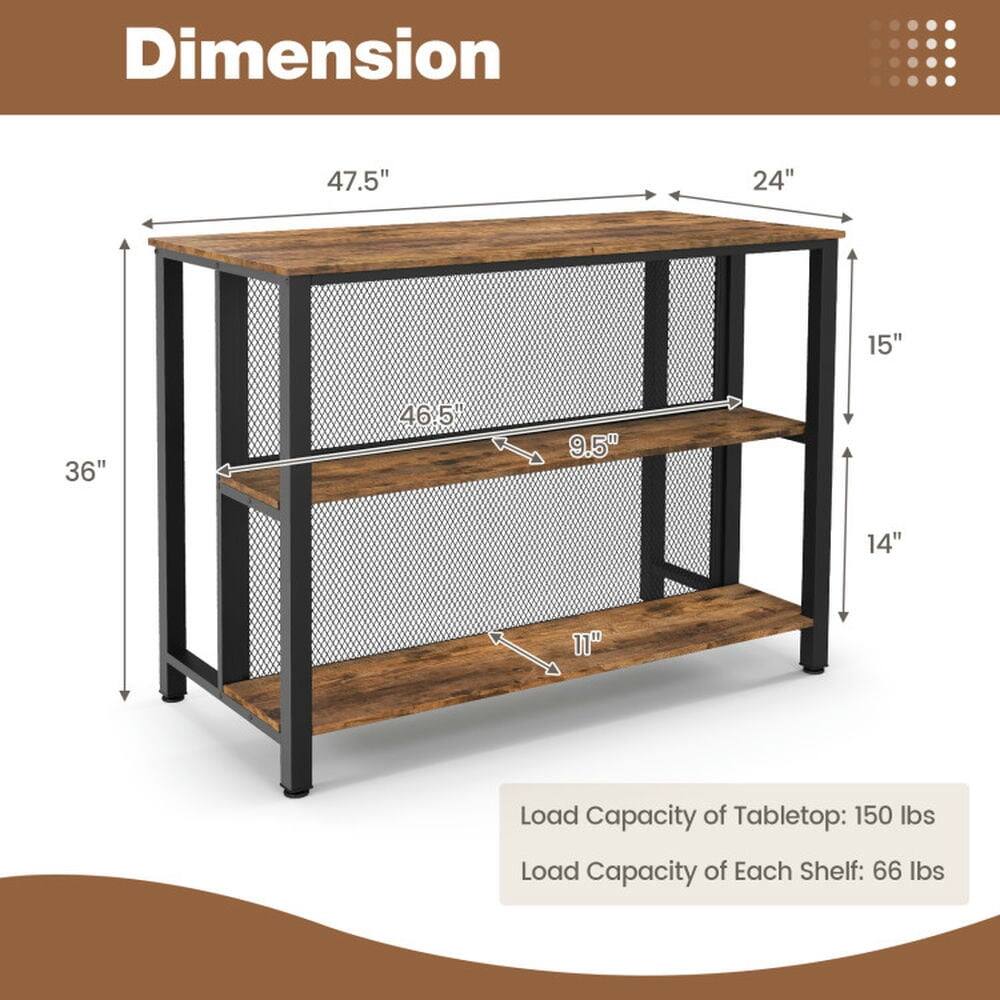 Dimension:  
- 47.5"  
- 24"  
- 15"  
- 36"  
- 46.5"  
- 9.5"  
- 14"  
- 11"  

Load Capacity of Tabletop: 150 lbs  
Load Capacity of Each Shelf: 66 lbs