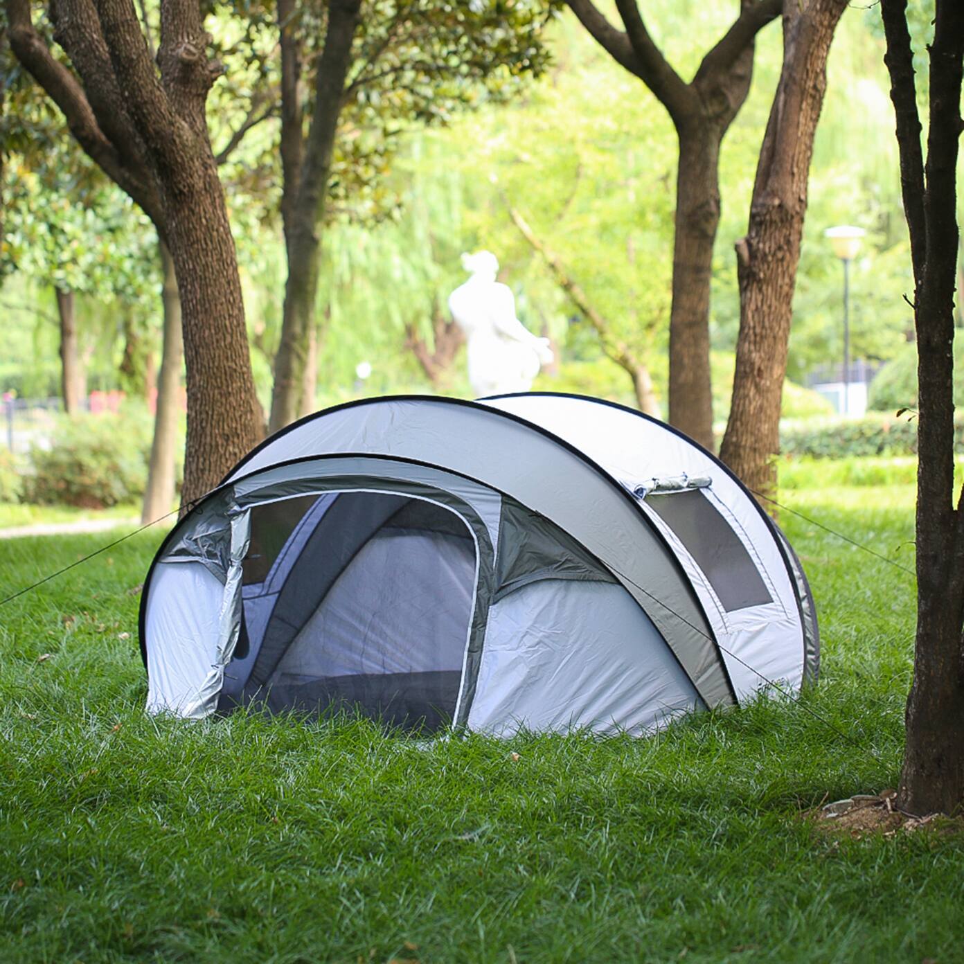 Back. Tiramisubest - 4-6 Person Pop-Up Camping Tent with Quick Setup, Spacious Interior & Enhanced Ventilation - White|gray.