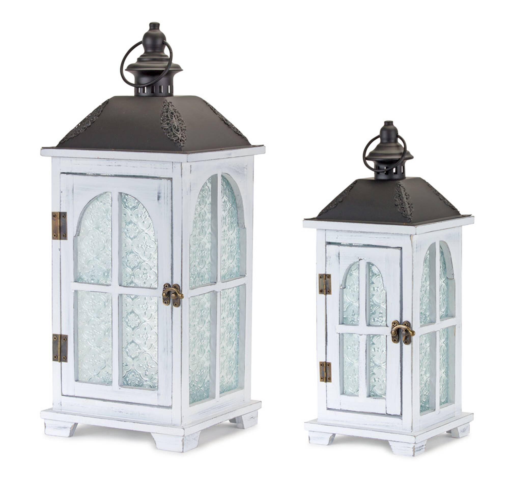 BreeBe - White Wood Lantern with Ornate Frosted Glass (Set of 2) - Black, White, Brown