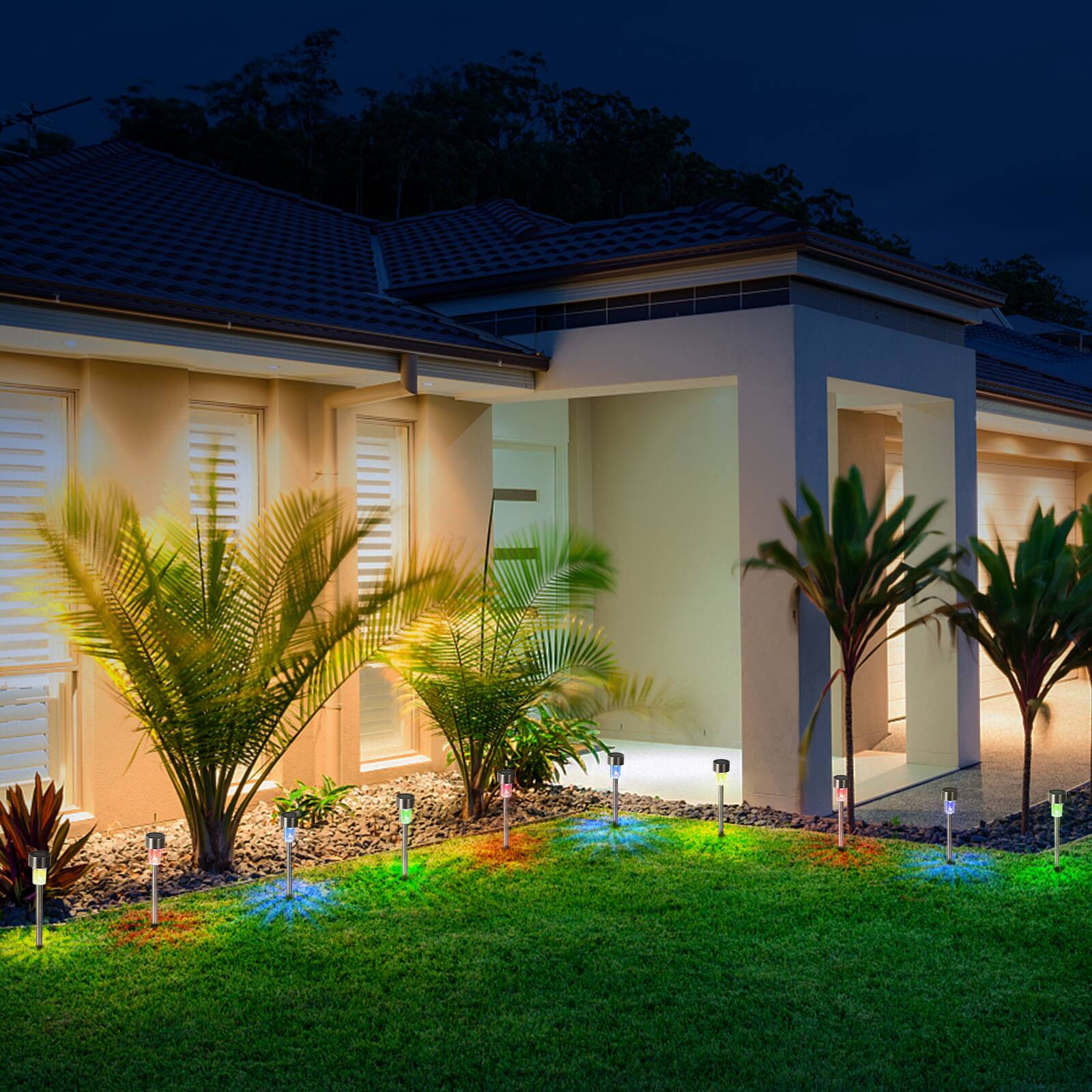 Alt View 3. Oumilen - 10-Pack Solar Ground Lights Stainless Steel Tube Color Changing LED 13.6In Outdoor Stake Lights.