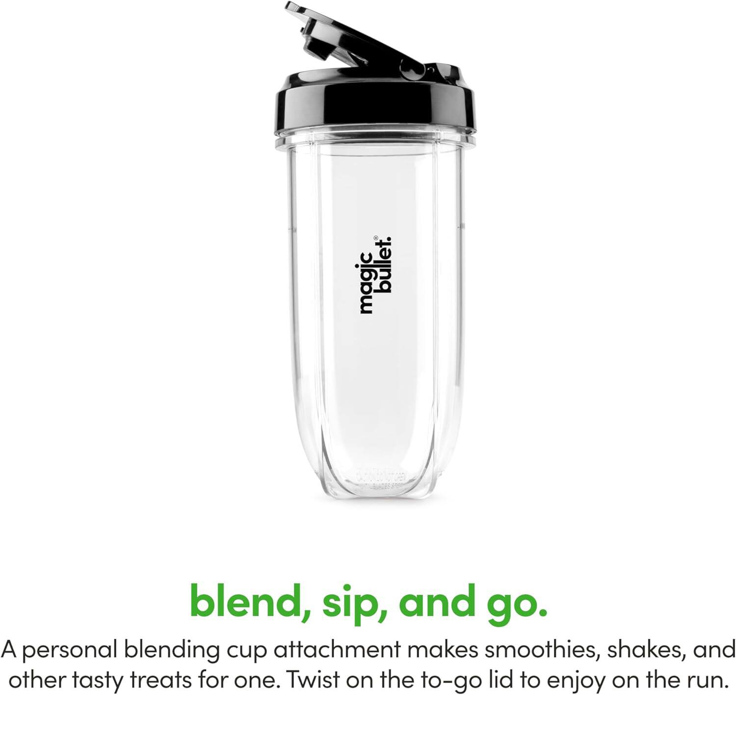 magic bullet. blend, sip, and go. A personal blending cup attachment makes smoothies, shakes, and other tasty treats for one. Twist on the to-go lid to enjoy on the run.