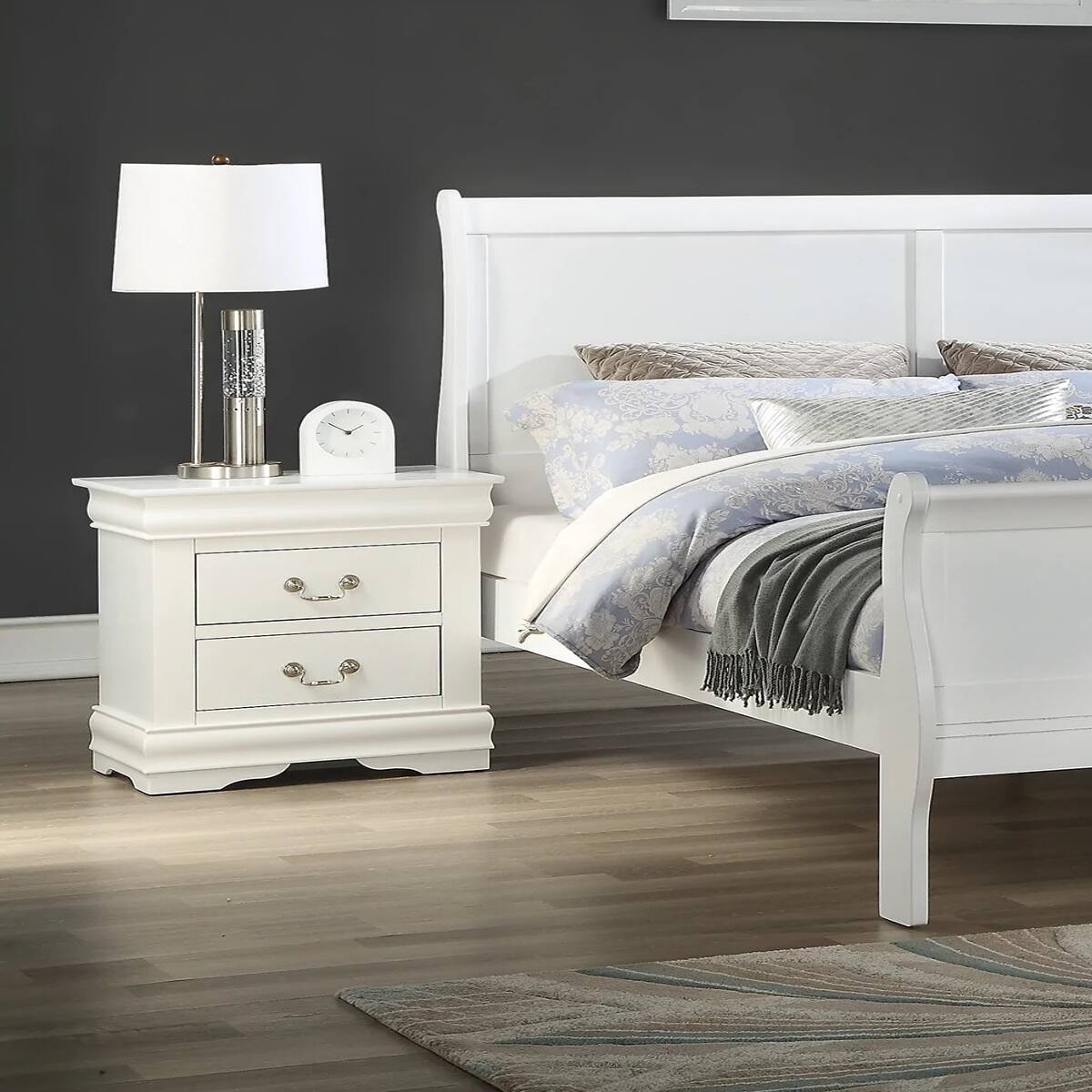 Left. Loheer - Loheer White Solid Wood Nightstand with Two Drawers for Bedroom - White.