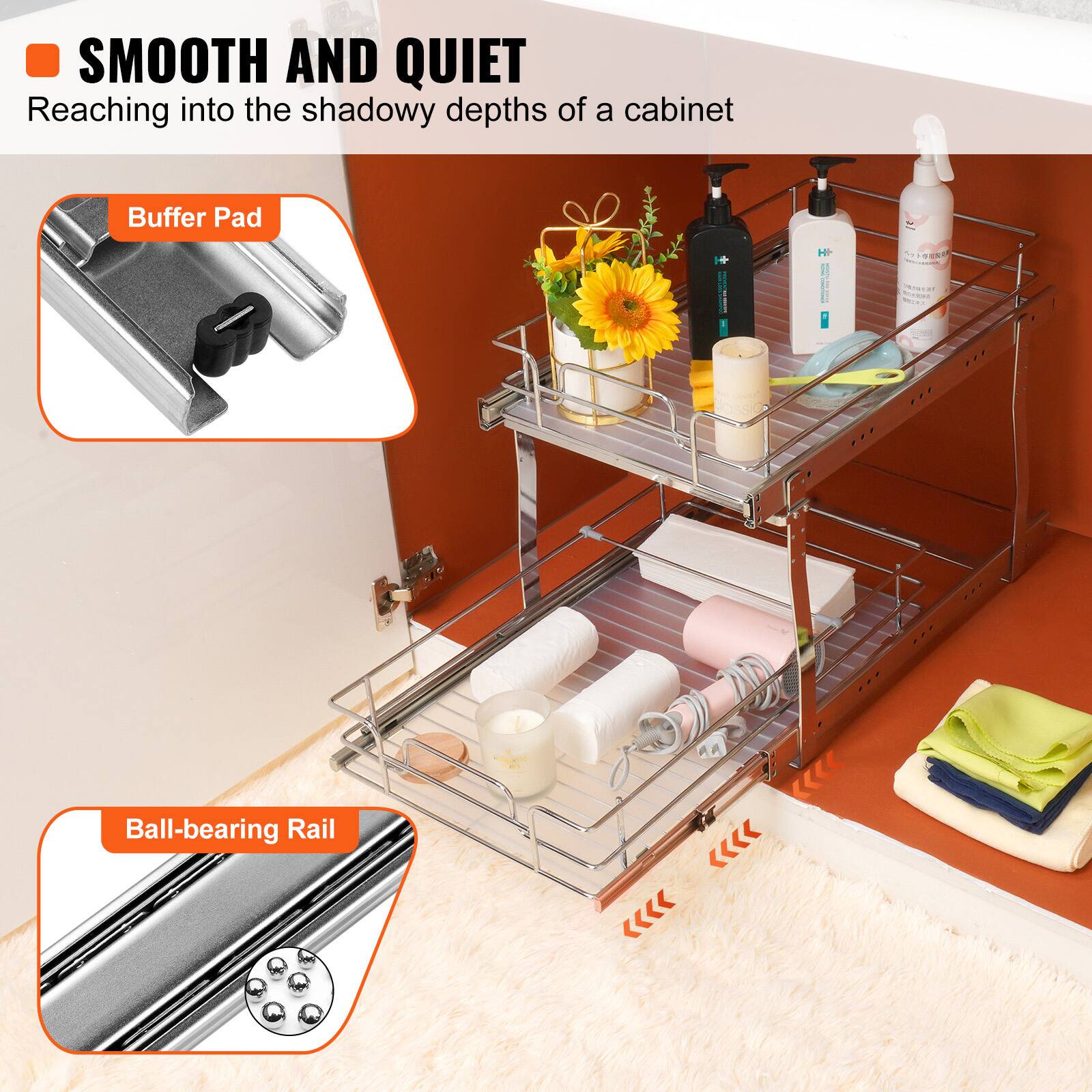 The text in the image can be grouped and corrected as follows:

- **Smooth and Quiet**: Reaching into the shadowy depths of a cabinet
- **Buffer Pad**: Reduces noise
- **Ball-bearing Rail**: Ensures smooth movement

This text highlights the features of a metal shelf unit with a ball-bearing rail and a buffer pad for smooth and quiet operation.