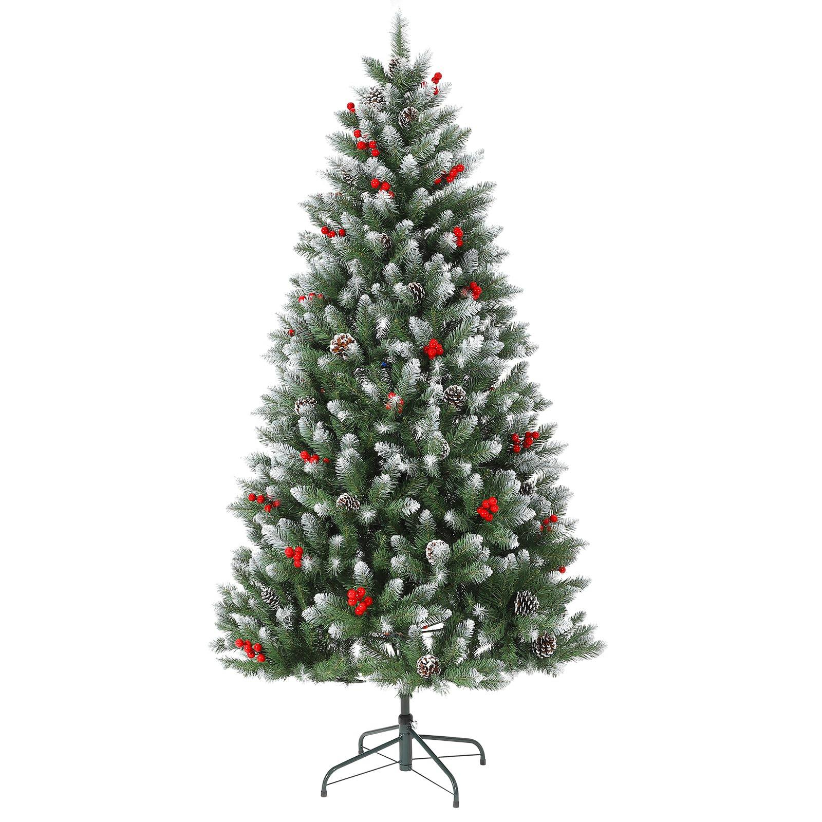 Front. Jojoka - 6FT Snow Flocked Artificial Christmas Tree with Pine Cones & Berries, Easy Setup & Metal Base - 6 Ft Green.