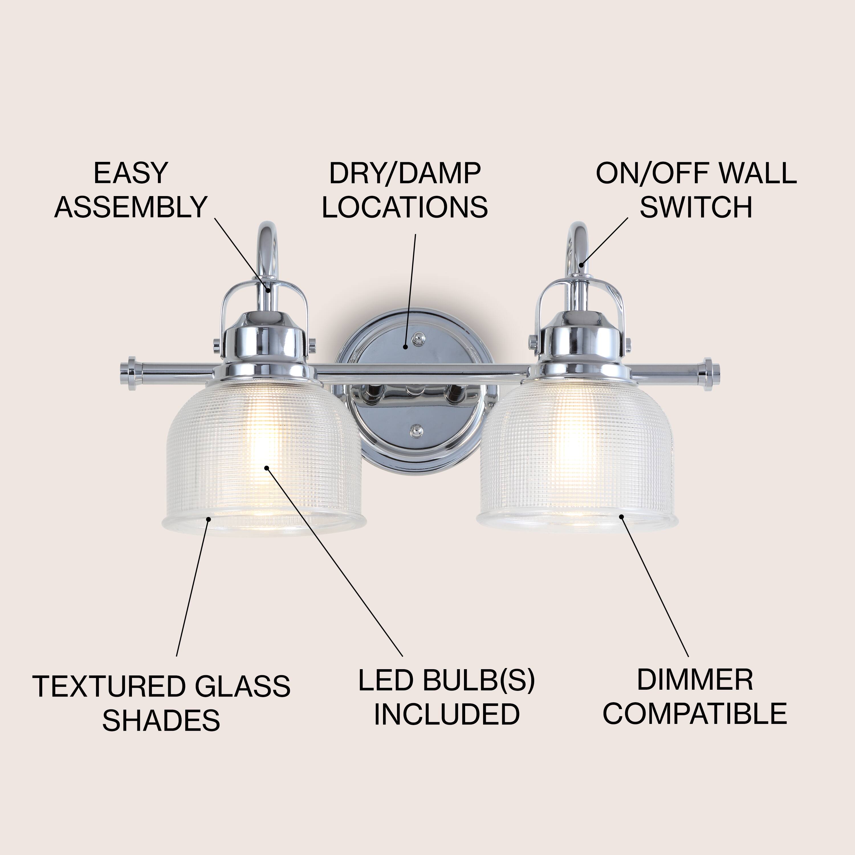 EASY ASSEMBLY  
DRY/DAMP LOCATIONS  
ON/OFF WALL SWITCH  
TEXTURED GLASS SHADES  
LED BULB(S) INCLUDED  
DIMMER COMPATIBLE