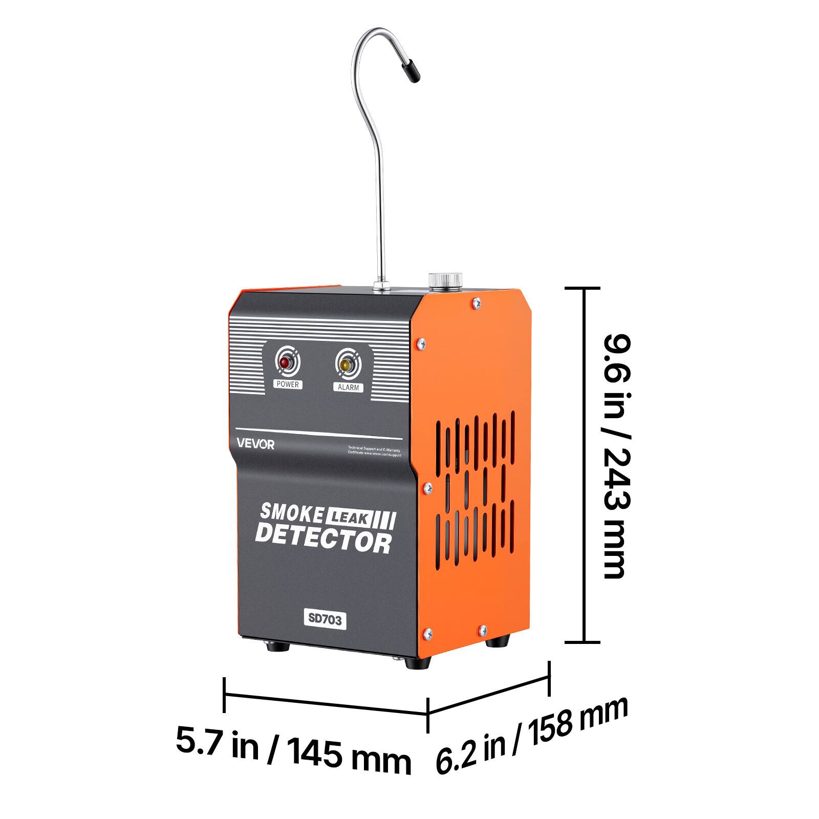POWER ALARM VEVOR no: SMOKE LEAK III DETECTOR SD703  
9.6 in / 243 mm  
5.7 in / 145 mm  
6.2 in / 158 mm
