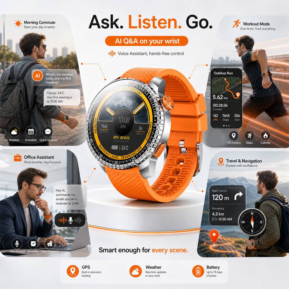 Morning Commute  
Start your day smarter.  
Ask. Listen. Go.  
AI Q&A on your wrist  
Workout Mode  
Push limits. Track everything.  
Voice Assistant, hands-free control  
What's the weather today and my first meeting?  
Cloudy 24C  
Your first meeting is at 10:00 AM.  
Weather Schedule Quick Answers  
Office Assistant  
Work smarter, stay focused  
GPS LOUDY FORECAST DESICE COLLECTION  
10:08  
HEALTH STEPS 7645 AM 26  
ALENIONA MON  
GPS DEVICE BATTERY 24C 35 LEVEL TEMPERATURE  
Outdoor Run 5.62 km 00:28:36  
Duration 142 7645 356 Steps Kcal  
OPS Tracking Steps Calories  
Travel & Navigation  
Explore with confidence.  
Hey AI summarize my emails and set a reminder 3 PM.  
Next Turn In 120 m  
Remaining 4.3 km ETA 10:30 AM  
GPS Built-in precision tracking  
Weather Real-time updates on your wrist  
Battery Up to 10 days of power