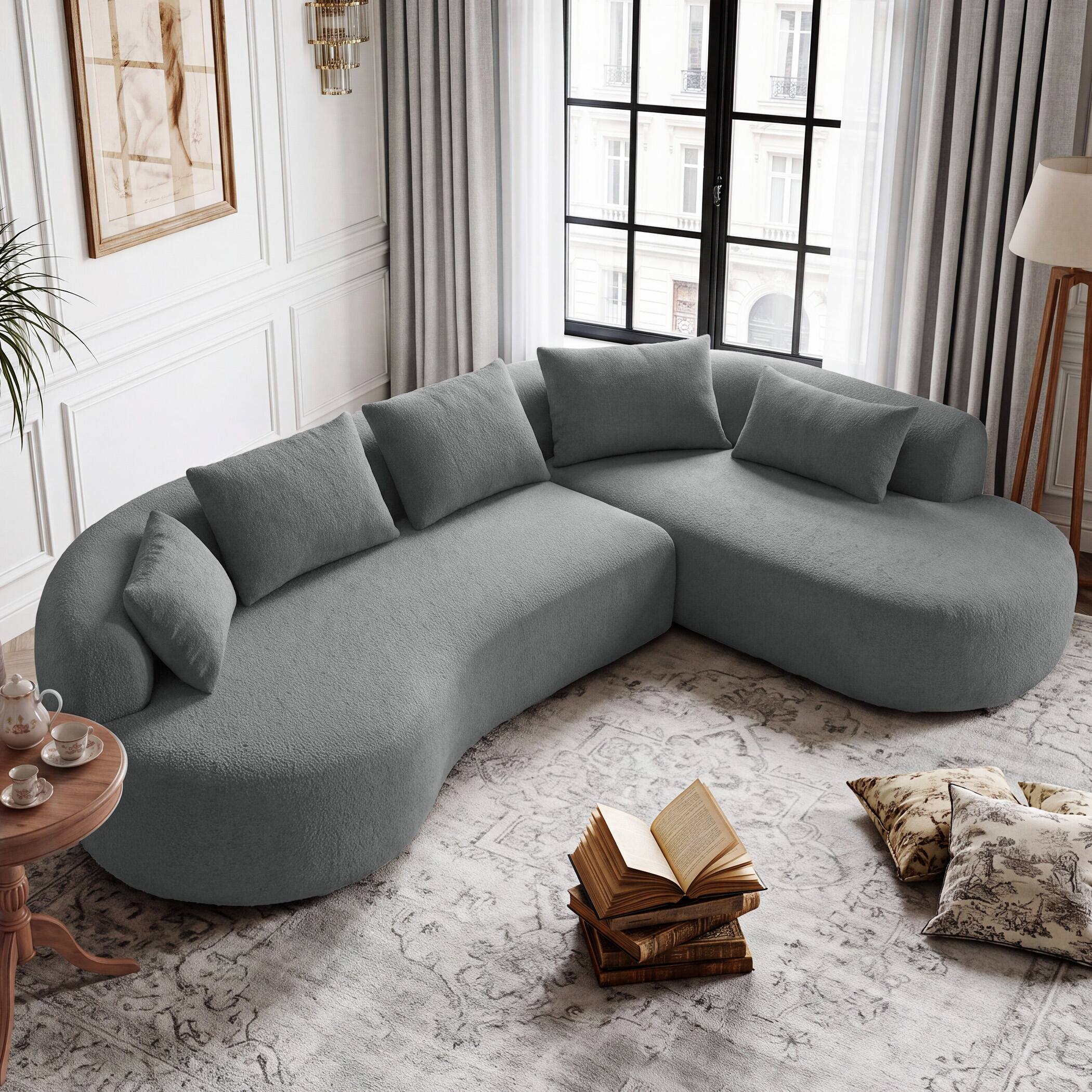 Front. Dyonery - 122" Modern Curved Sectional Sofa with Chaise, Boneless Couch with 5 Throw Pillows  for Living Room - dark gray.