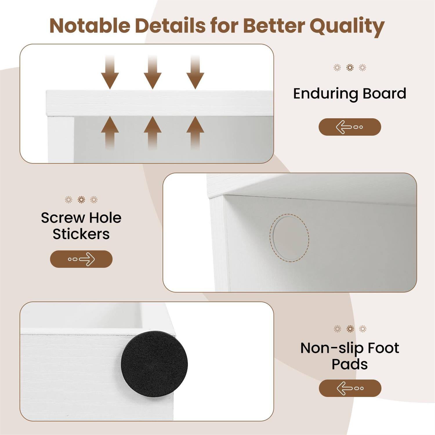 Notable Details for Better Quality

- Enduring Board
- Screw Hole Stickers
- Non-slip Foot Pads