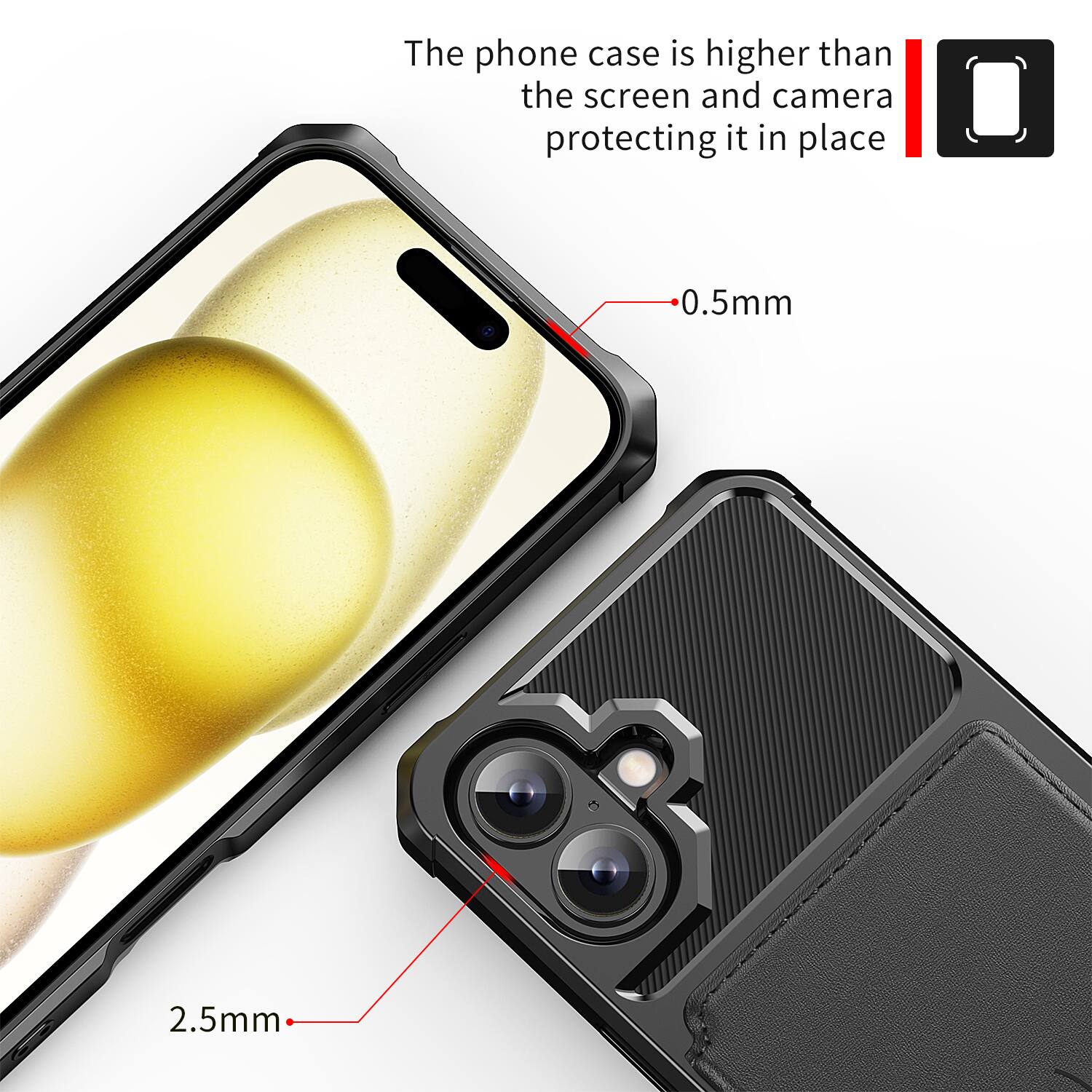 The phone case is higher than the screen and camera protecting it in place.  
0.5mm  
2.5mm