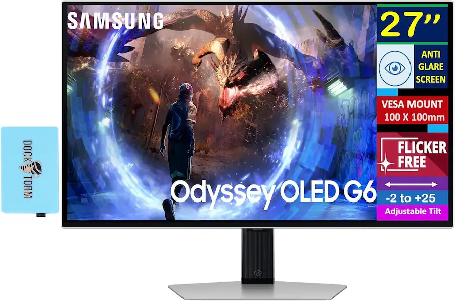 PANTALLA ANTIDESLUMBRANTE SAMSUNG DE 27" CON SOPORTE VESA, 100 X 100 mm, DISPARADOR DE TORM DOCK ODYSsey OLED G6 -2 a +25, inclinación ajustable