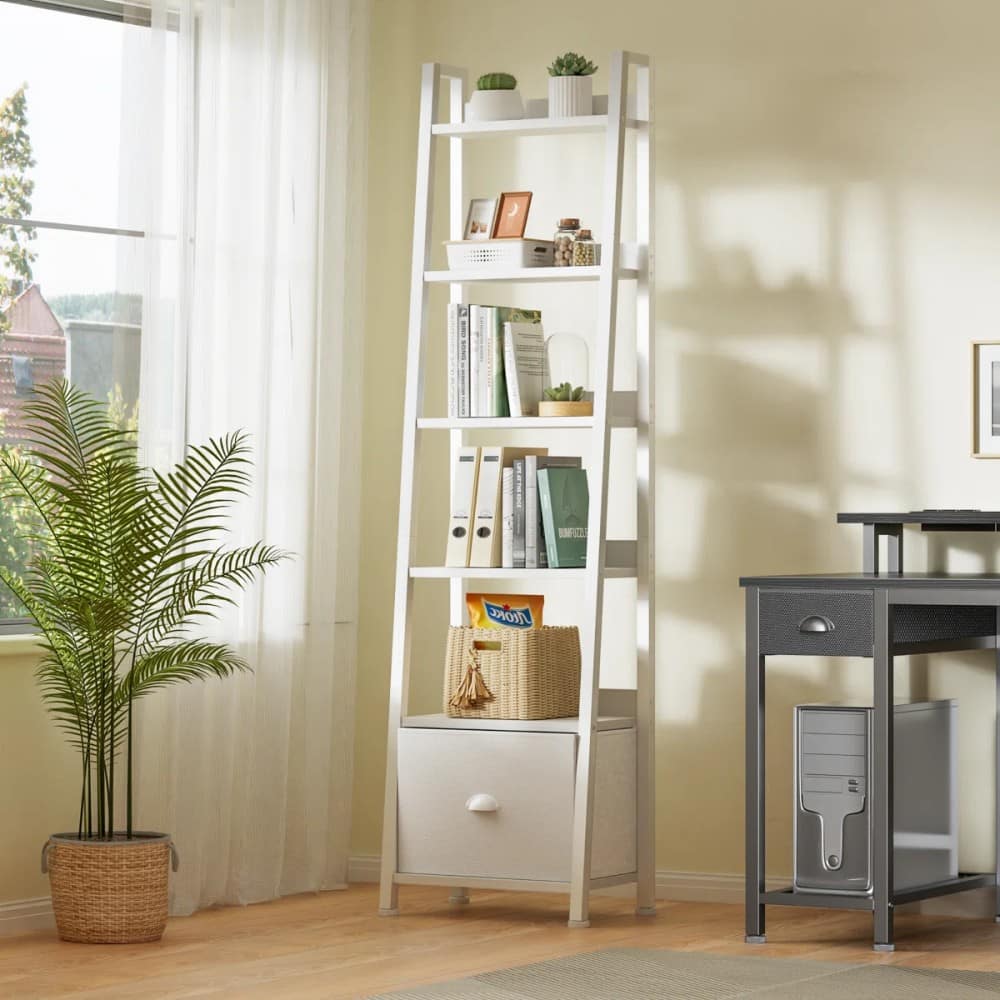 Furnulem - Ladder Shelf Bookshelf with Drawer Industrial Tall Storage Organizer Wood Metal Freestanding Shelves for Living Room - White