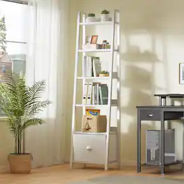 Furnulem - Ladder Shelf Bookshelf with Drawer Industrial Tall Storage Organizer Wood Metal Freestanding Shelves for Living Room - White