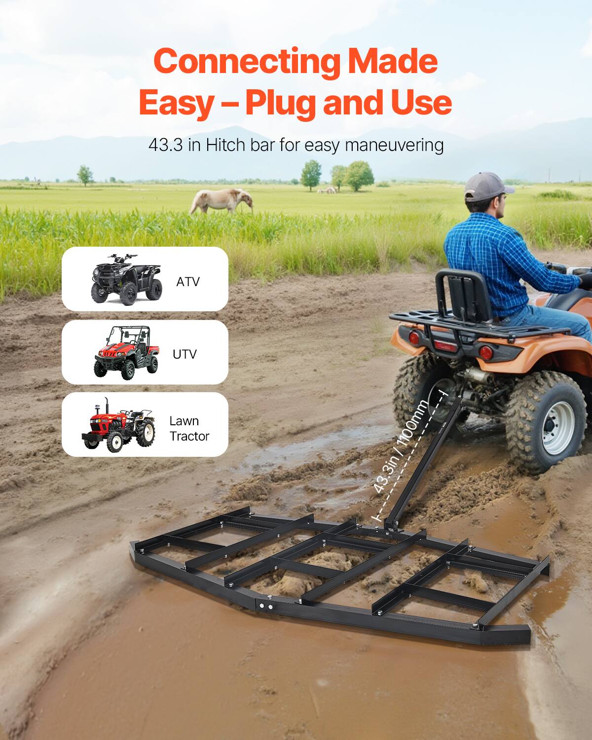 Connecting Made Easy – Plug and Use, 43.3 in Hitch bar for easy maneuvering, ATV, UTV, Lawn Tractor, 43.3in/ 1100mm, 1100mm, 3in, 43