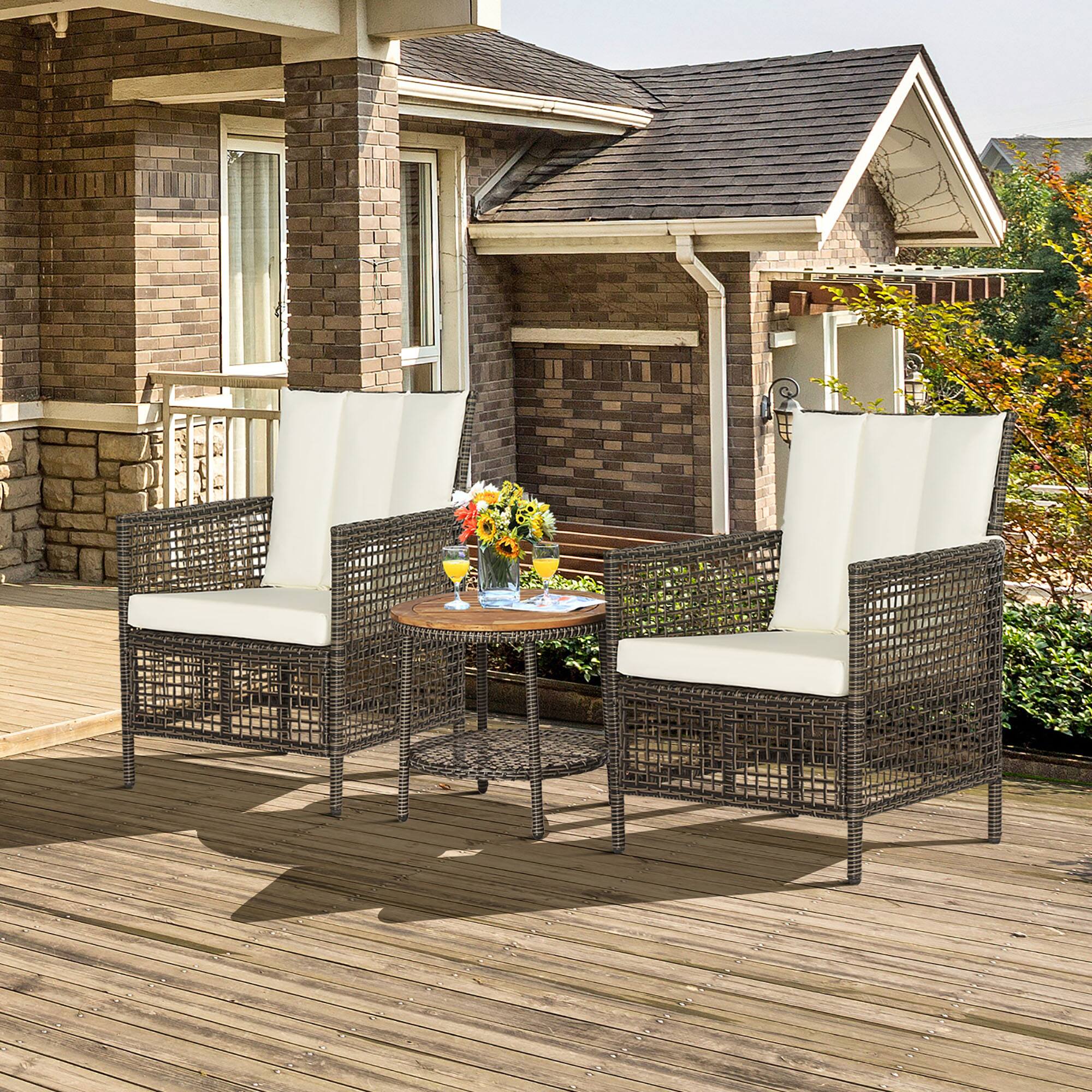 Alt View 2. Gymax - Gymax 3PCS Patio Wicker Bistro Set Furniture Set PE Rattan Table Set w/ Off White Cushions - Off White.