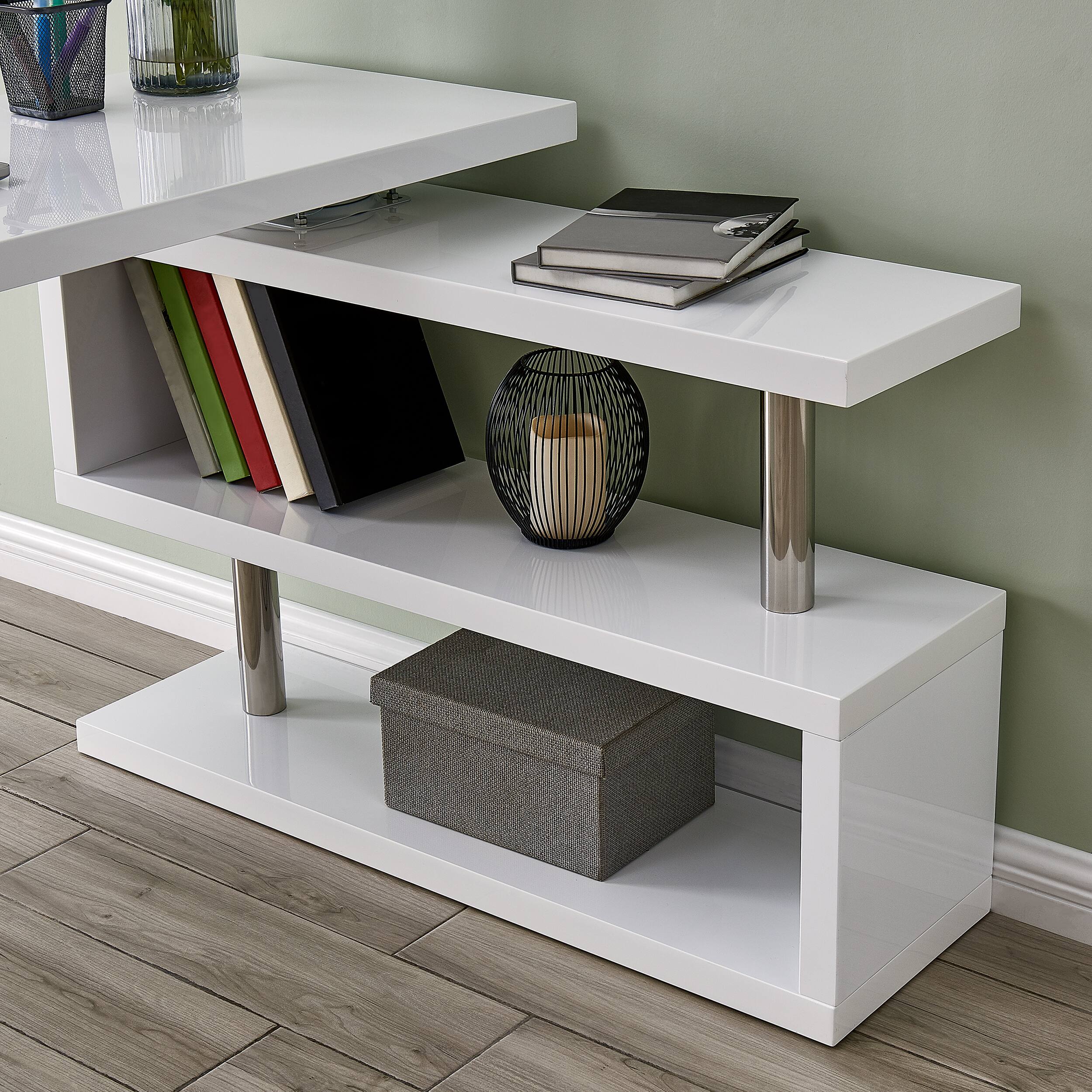 Angle. TinyHomie - Yates Multifunctional Corner L Desk with Shelves - White.