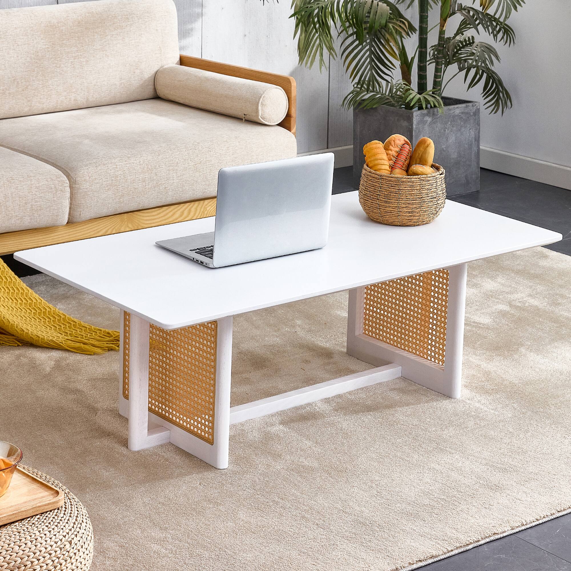Alt View 1. Ecooso - Chinese style white solid wood and imitation rattan coffee table, rectangular solid wood coffee low table - White.