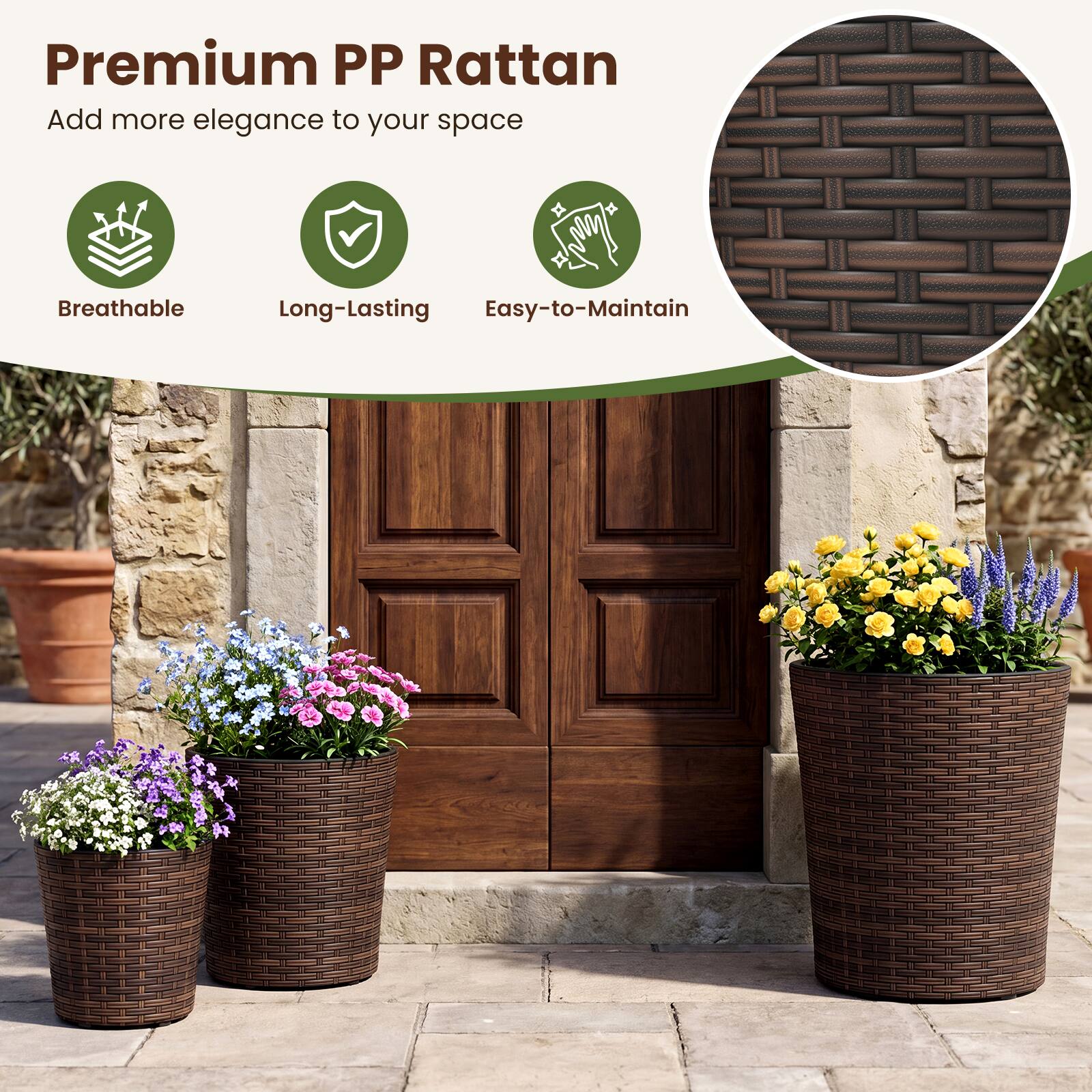 Premium PP Rattan  
Add more elegance to your space  
Breathable  
Long-Lasting  
Easy-to-Maintain