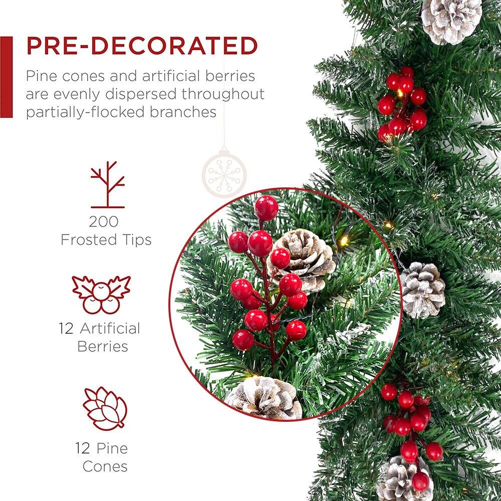 PRE-DECORATED  
Pine cones and artificial berries are evenly dispersed throughout partially-flocked branches  

200 Frosted Tips  
12 Artificial Berries  
12 Pine Cones