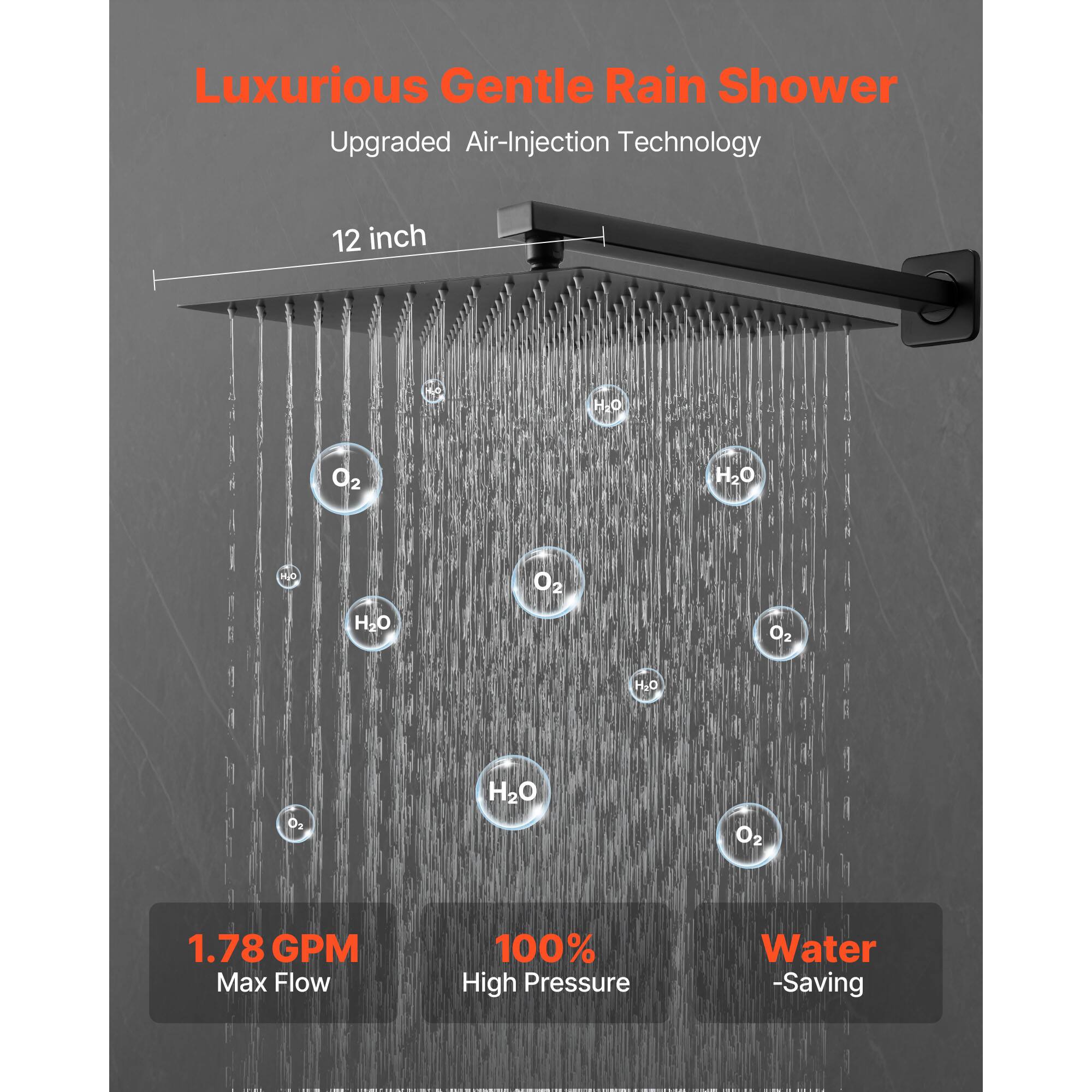 Luxurious Gentle Rain Shower, Upgraded Air-Injection Technology, 12 inch, 1.78 GPM Max Flow, 100% High Pressure, Water -Saving