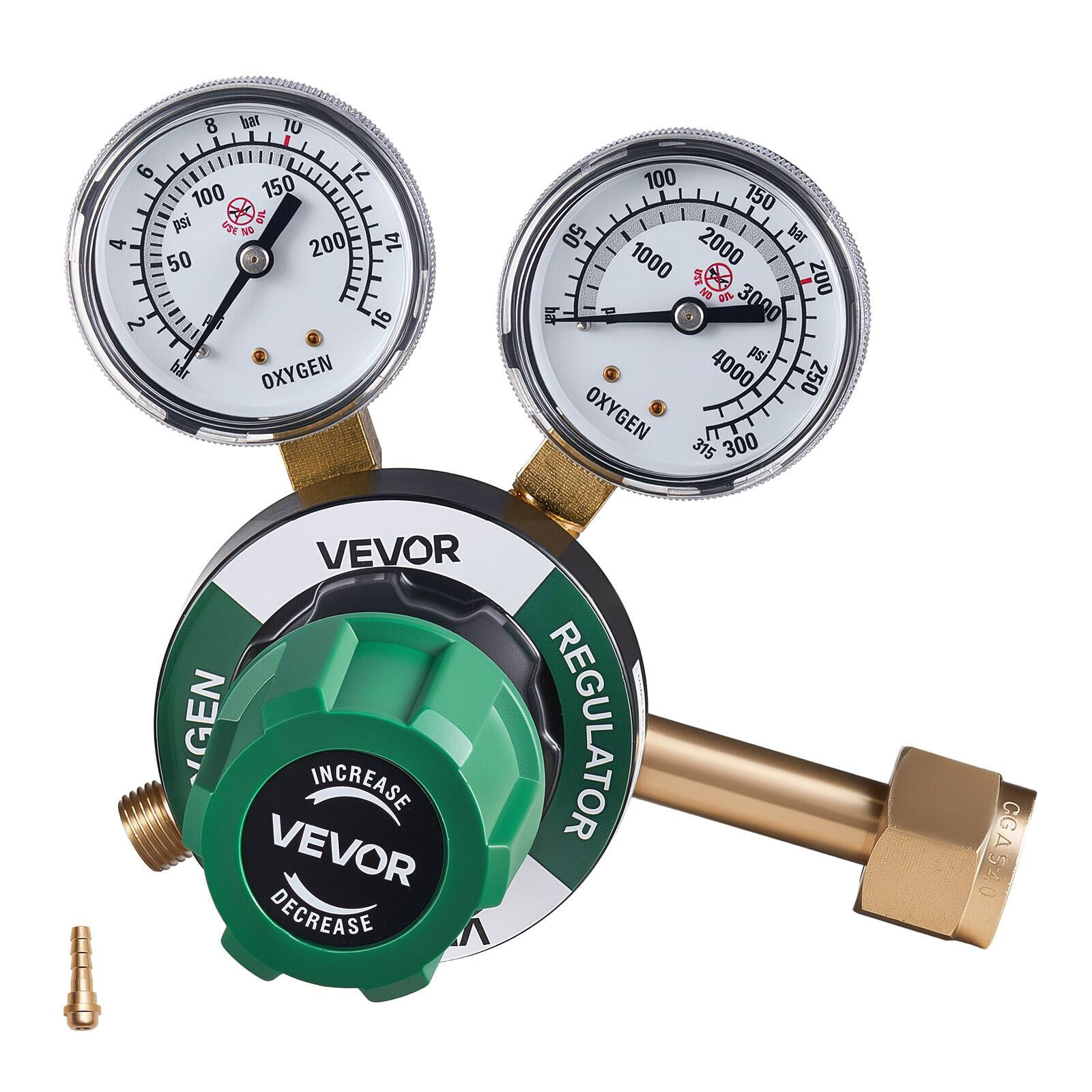 8 TO 10 9 12 100 150 psi 0 APSA NO 4 200 14 50 2 A 16 har OXYGEN 100 150 50 2000 bar 1000 200 D-L1g MG on 3000 psi 4000 250 OXYGEN 315 300 VEVOR INCREASE VEVOR DECREASE REGULATOR CGA540