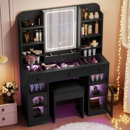 LUCKY ONE - 43.2" Vanity Desk w/ LED Mirror RGB Glass Cabinets 3 Drawers & Stool - Black