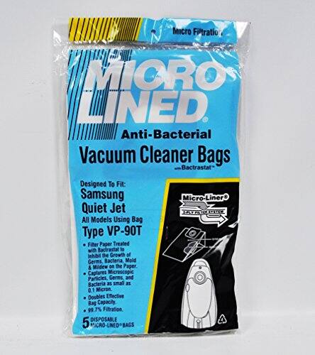 Micro Filtration  
MICRO LINED  
Anti-Bacterial Vacuum Cleaner Bags  
"Bactrastat"  
Designed To Fit:  
Samsung  
Quiet Jet  
All Models Using Bag Type VP-90T  
Micro-Liner®  
Paper Treated with Bactrastat to Inhibit the Growth of Germs, Bacteria, Mold & Mildew on the Paper  
Captures Microscopic Particles, Germs, and Bacteria as small as 0.1 Micron  
Doubles Effective Bag Capacity  
99.7% Filtration  
DISPOSABLE  
5 MICRO-LINED BAGS