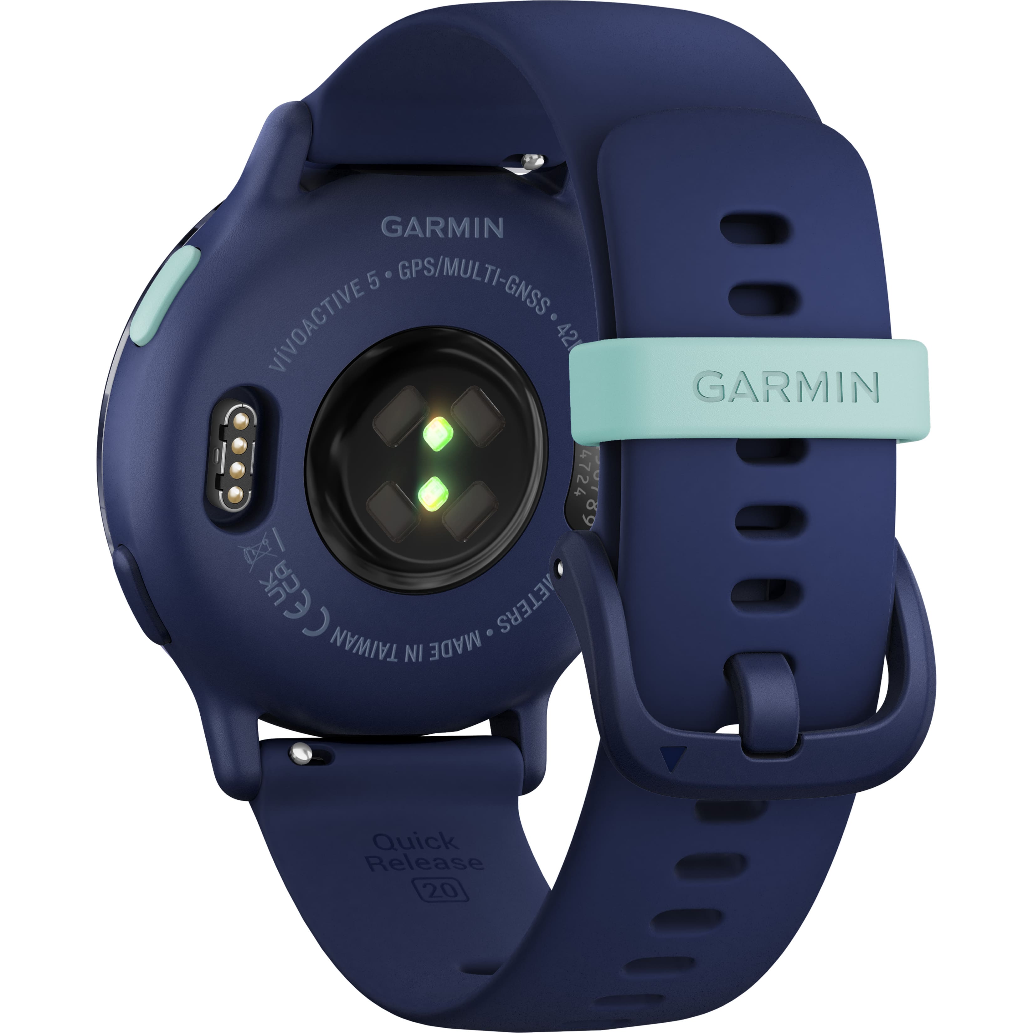 The image shows a Garmin watch with a blue band and a white stripe. The watch has a GPS and multi-GNSS feature, making it a versatile and functional device for outdoor activities. The watch is made in Taiwan and is designed to be worn on the wrist. The band is adjustable, allowing the wearer to customize the fit for a comfortable fit. The watch is also equipped with a quick release feature, making it easy to remove and use the watch separately from the band.