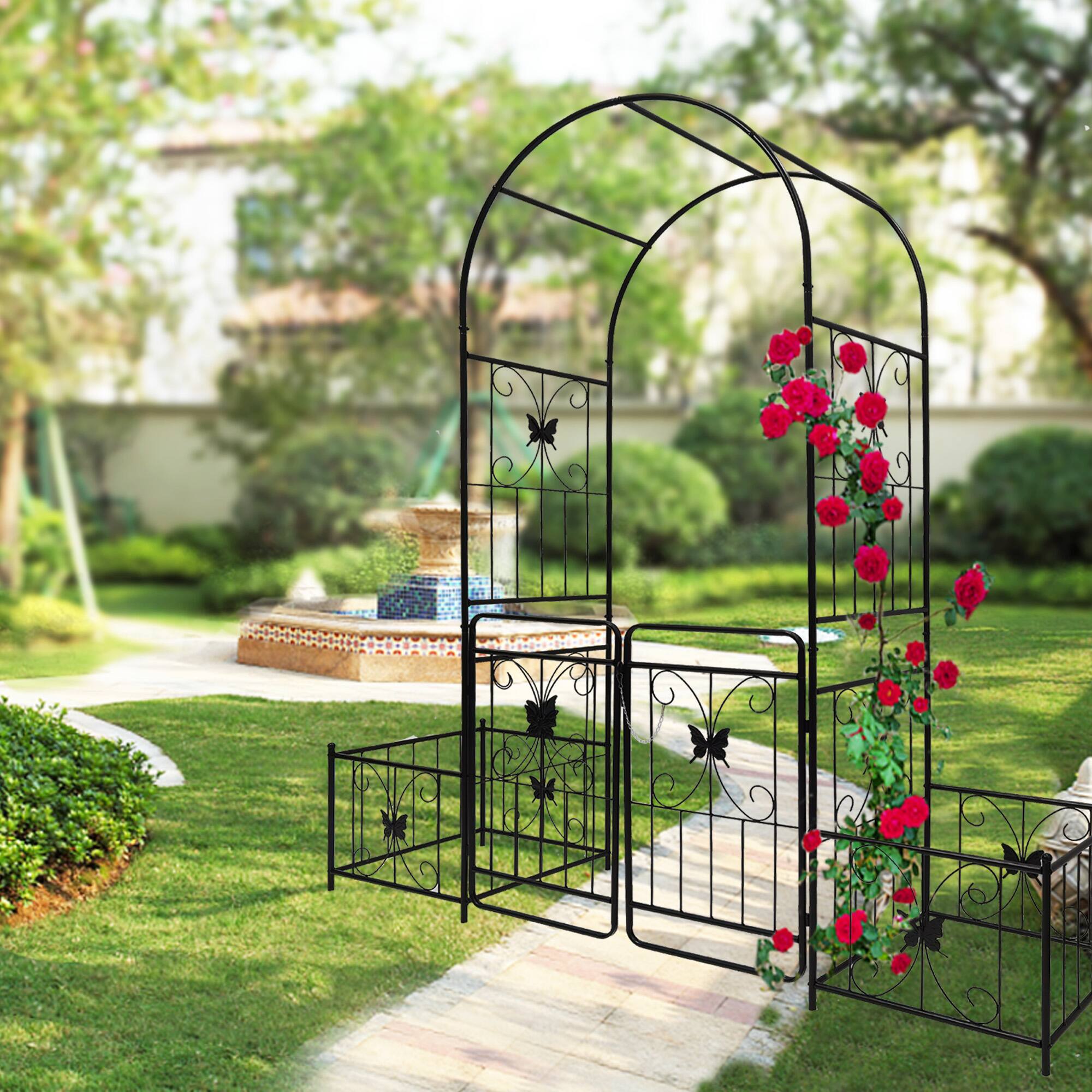 Alt View 5. Loheer - 6.63 ft W x 7.22 ft H Metal Garden Arch with Gate Rose Trellis for Outdoor Yard Wedding - Black.
