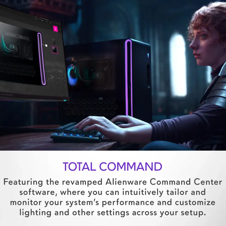 Featuring the revamped Alienware Command Center software, where you can intuitively tailor and monitor your system's performance and customize lighting and other settings across your setup.