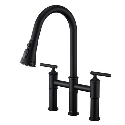 Front. Boyel Living - Double Handle Bridge Pull-Down Kitchen Faucet with 3-Spray Patterns and 360 Degrees Rotation Spout - Matte Black.
