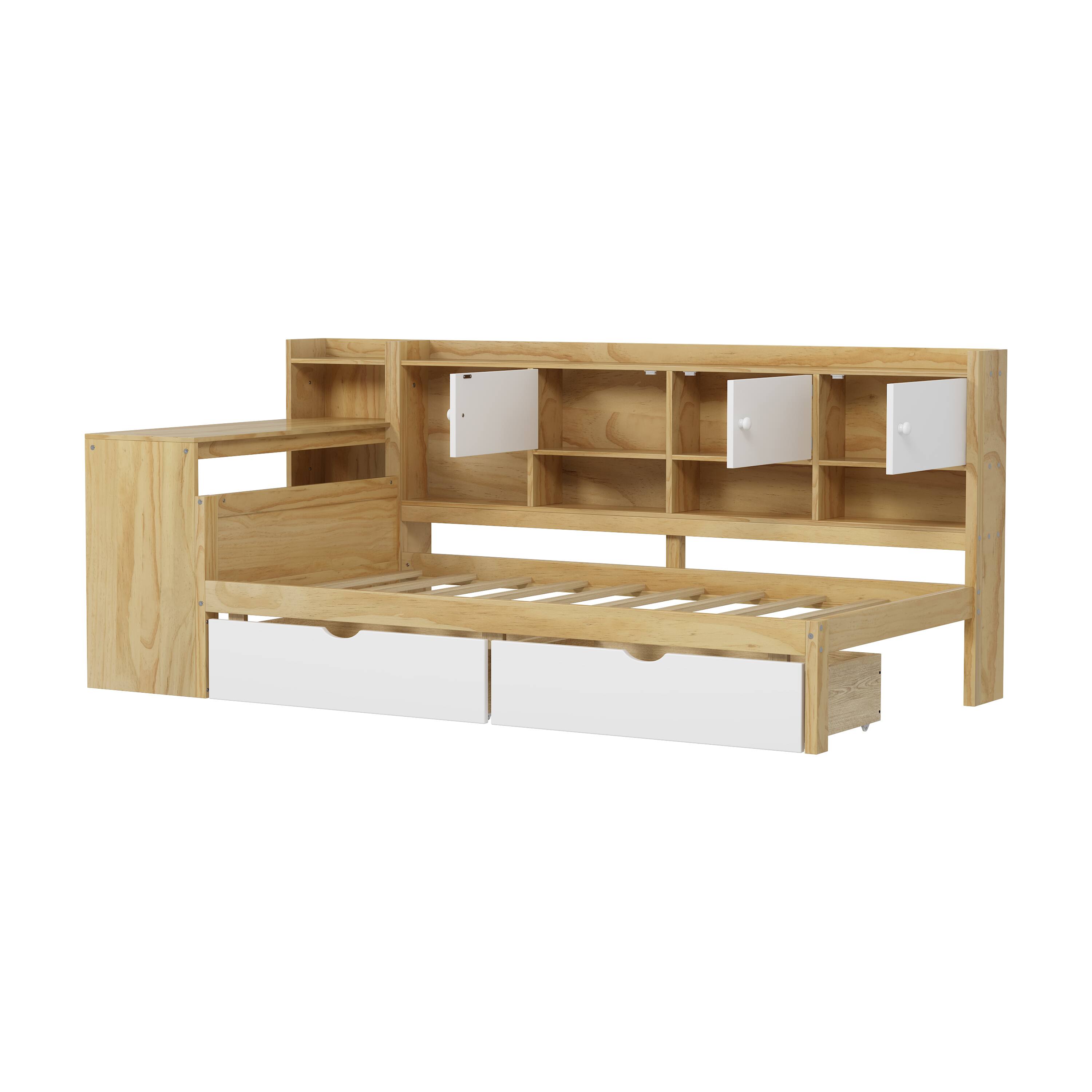 Alt View 2. Tiramisubest - Wooden L-Shape Daybed with Storage Cabinets and Drawers, Multi-functional Bed with Study Desk and Built-in Bookshelf - Natural+White.