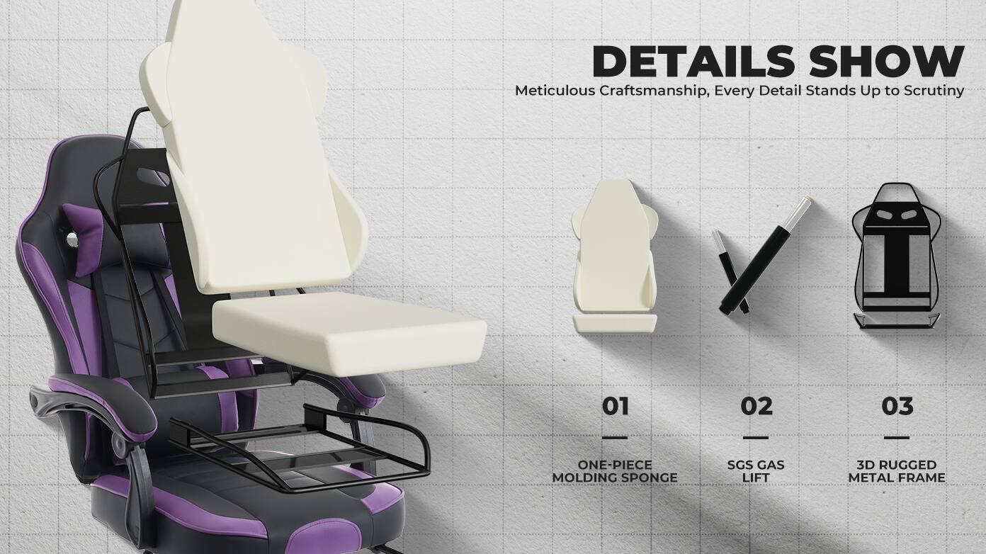 DETAILS SHOW  
Meticulous Craftsmanship, Every Detail Stands Up to Scrutiny  

01 ONE-PIECE MOLDING SPONGE  
02 SGS GAS LIFT  
03 3D RUGGED METAL FRAME