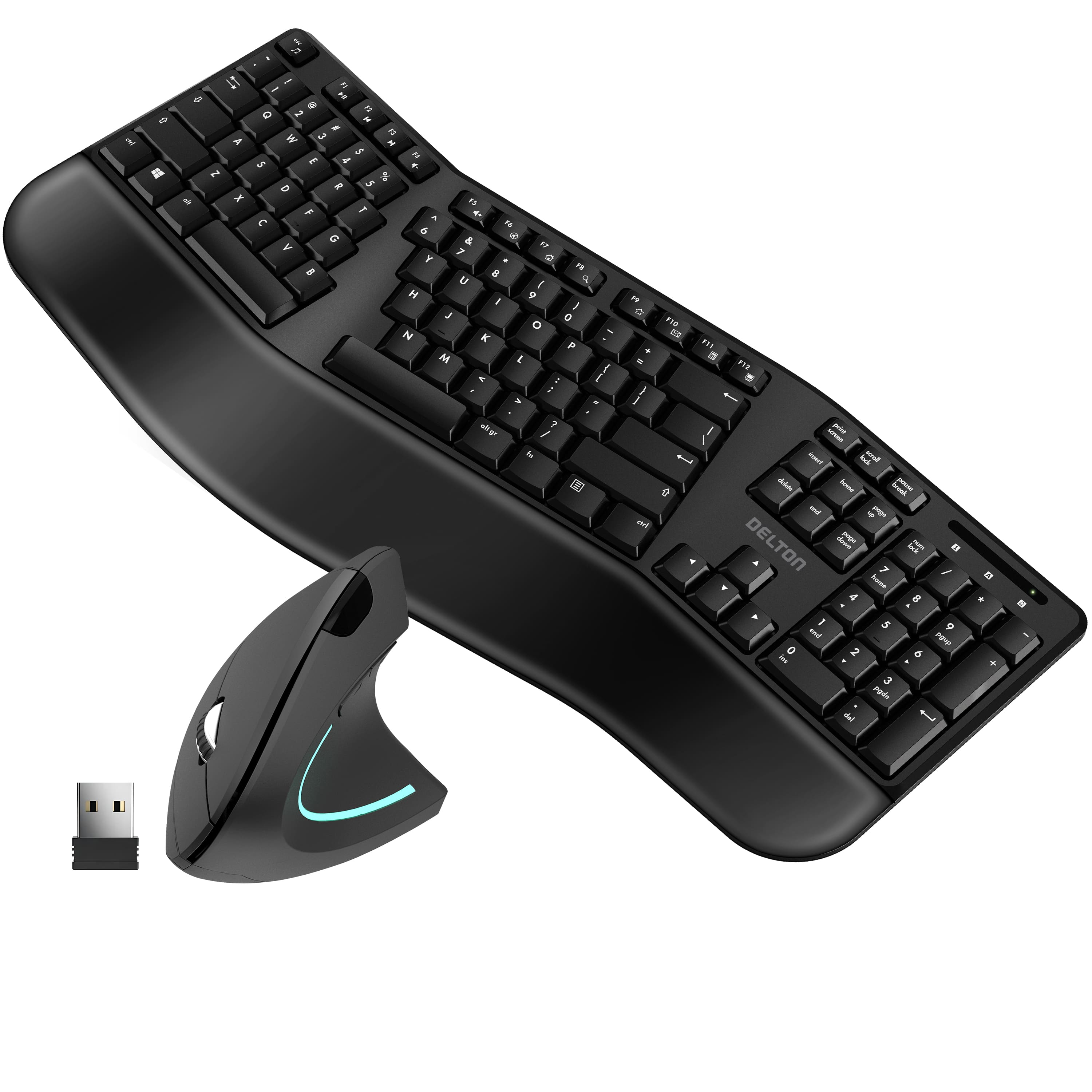 Delton - S12 Wireless Ergonomic Keyboard & Optical Vertical Mouse Set (DKMKITERG12-WB) - Black