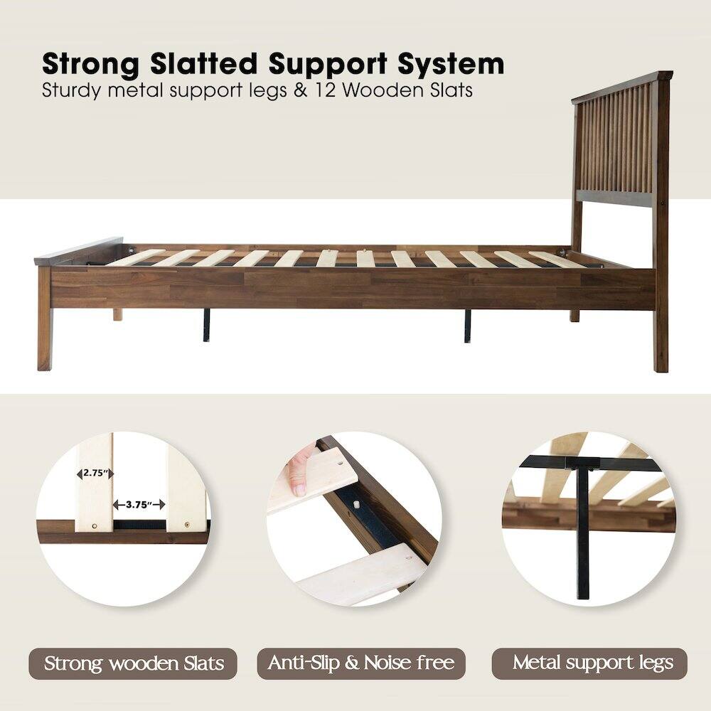 Strong Slatted Support System  
Sturdy metal support legs & 12 Wooden Slats  
2.75" 3.75"  
Strong wooden Slats  
Anti-Slip & Noise free  
Metal support legs