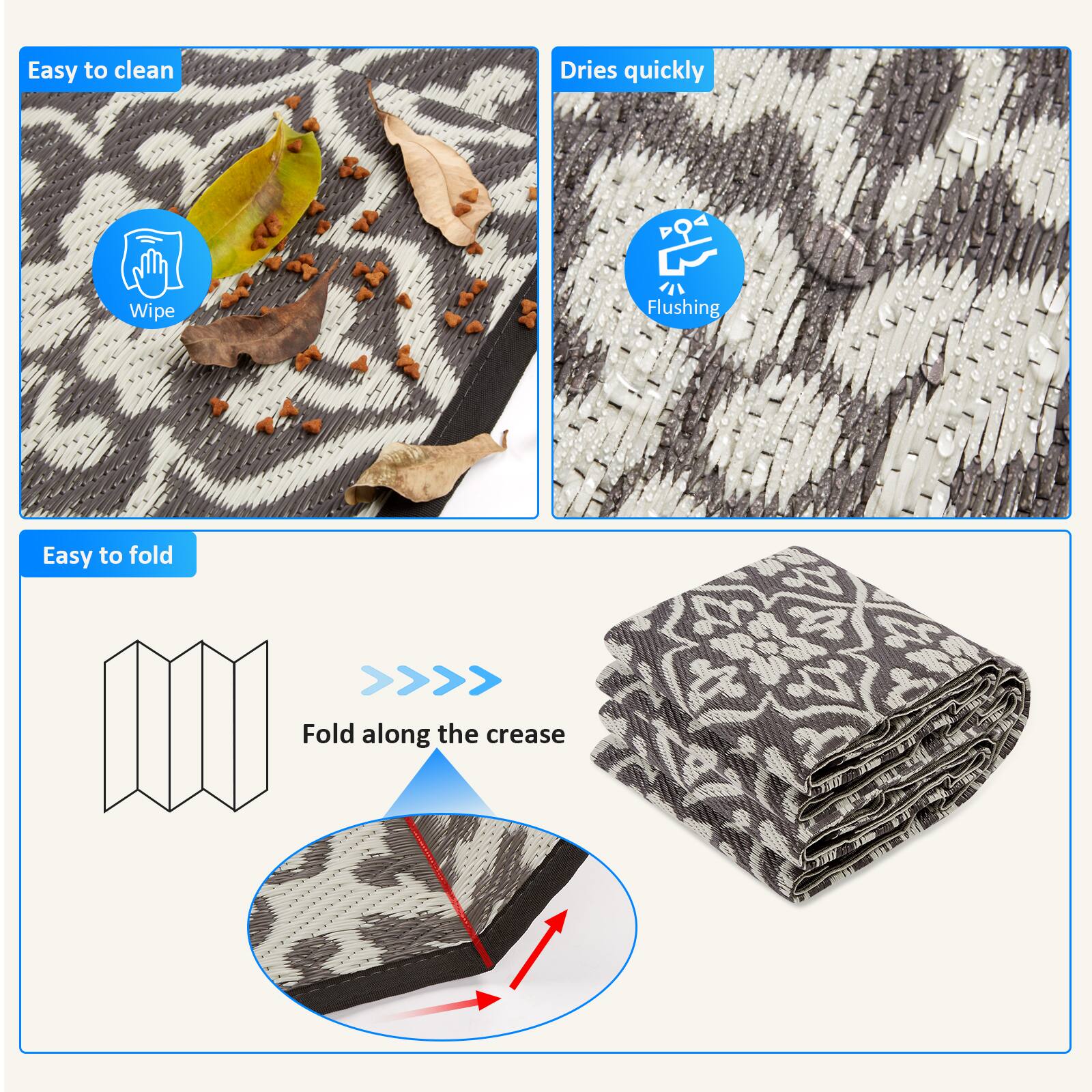 Easy to clean  
Wipe

Dries quickly  
Flushing

Easy to fold  
Fold along the crease